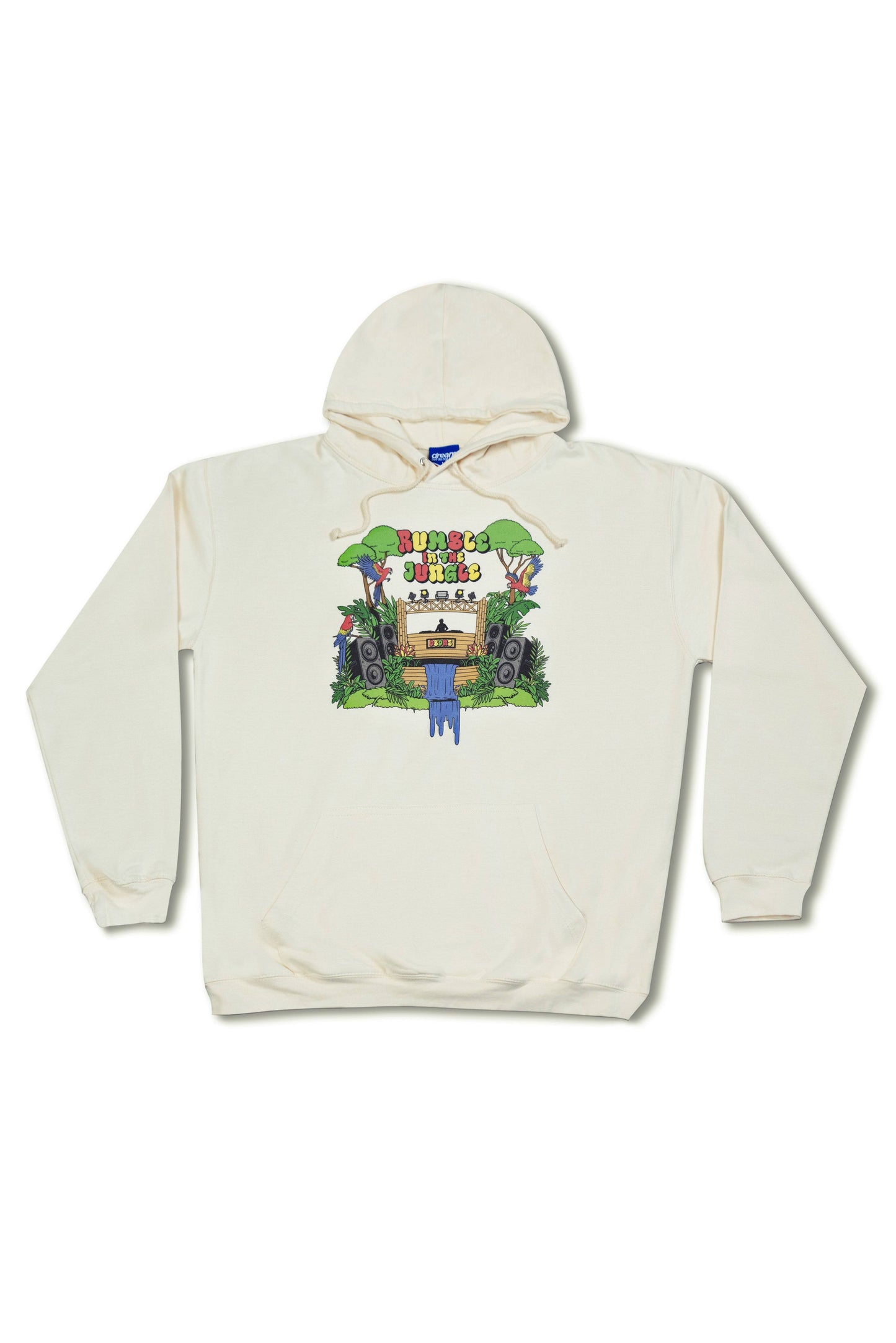 Hoodie Vanilla Cream - Unisex with Rumble In The Jungle print featuring a colorful DJ jungle scene on heavyweight cotton, relaxed fit streetwear.