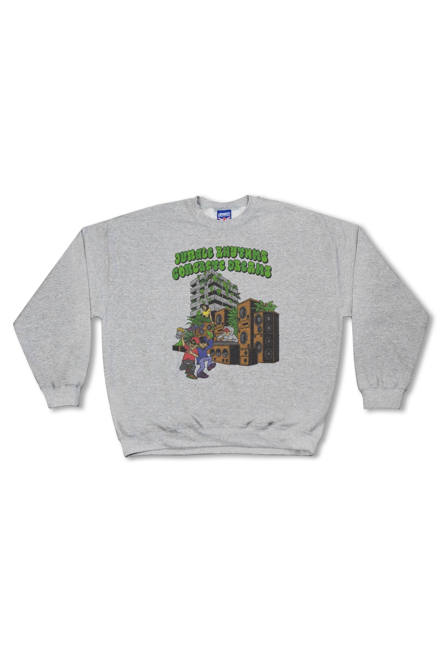 Heather grey sweatshirt featuring Jungle Rhythms Concrete Dreams print with unisex fit and relaxed silhouette, ideal for streetwear style.
