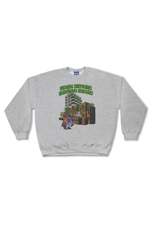 Heather grey sweatshirt featuring Jungle Rhythms Concrete Dreams print with unisex fit and relaxed silhouette, ideal for streetwear style.