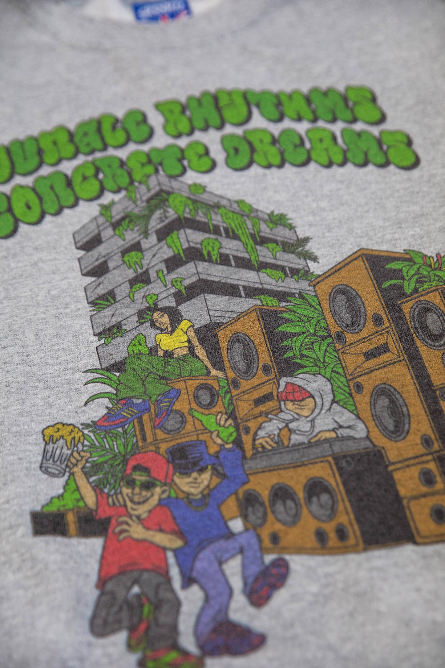 Detailed view of Jungle Rhythms Concrete Dreams print on grey sweatshirt, highlighting colorful characters, speakers, and cityscape design.