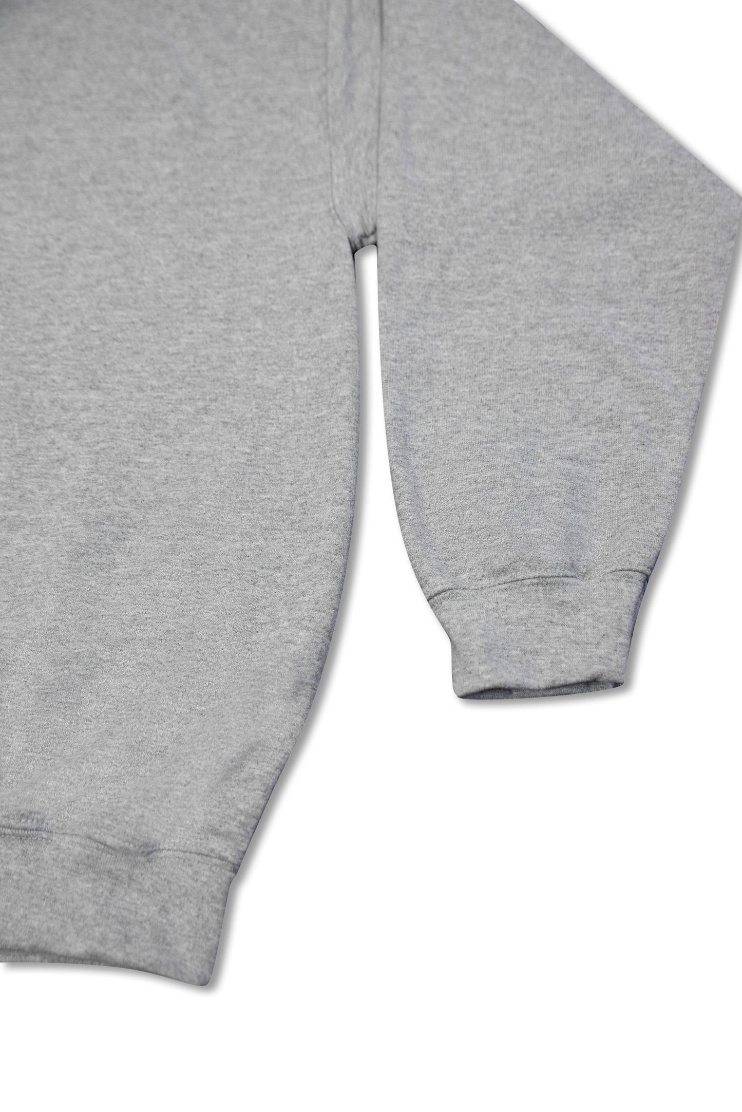 Heather Grey Sweatshirt sleeve and waistband detail, highlighting ribbed cuffs and relaxed fit for everyday comfort.