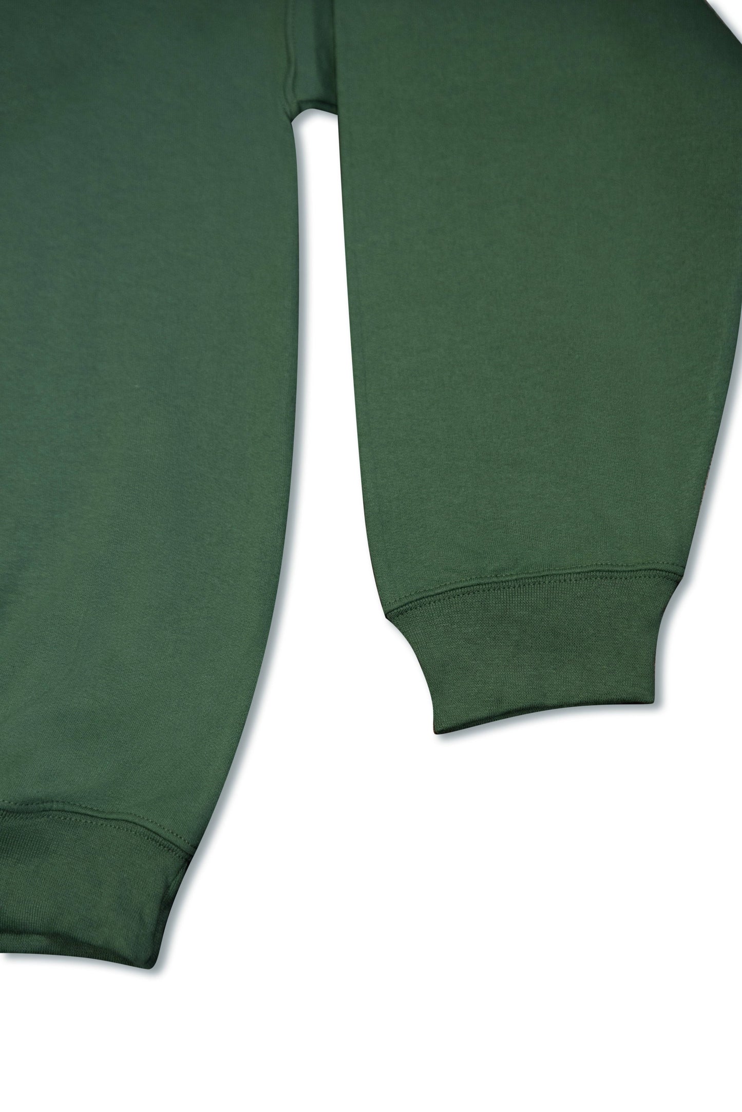 Cuffed sleeve detail of Military Green Sweatshirt with ribbed hem, part of the Dream Sports embroidered outerwear collection.