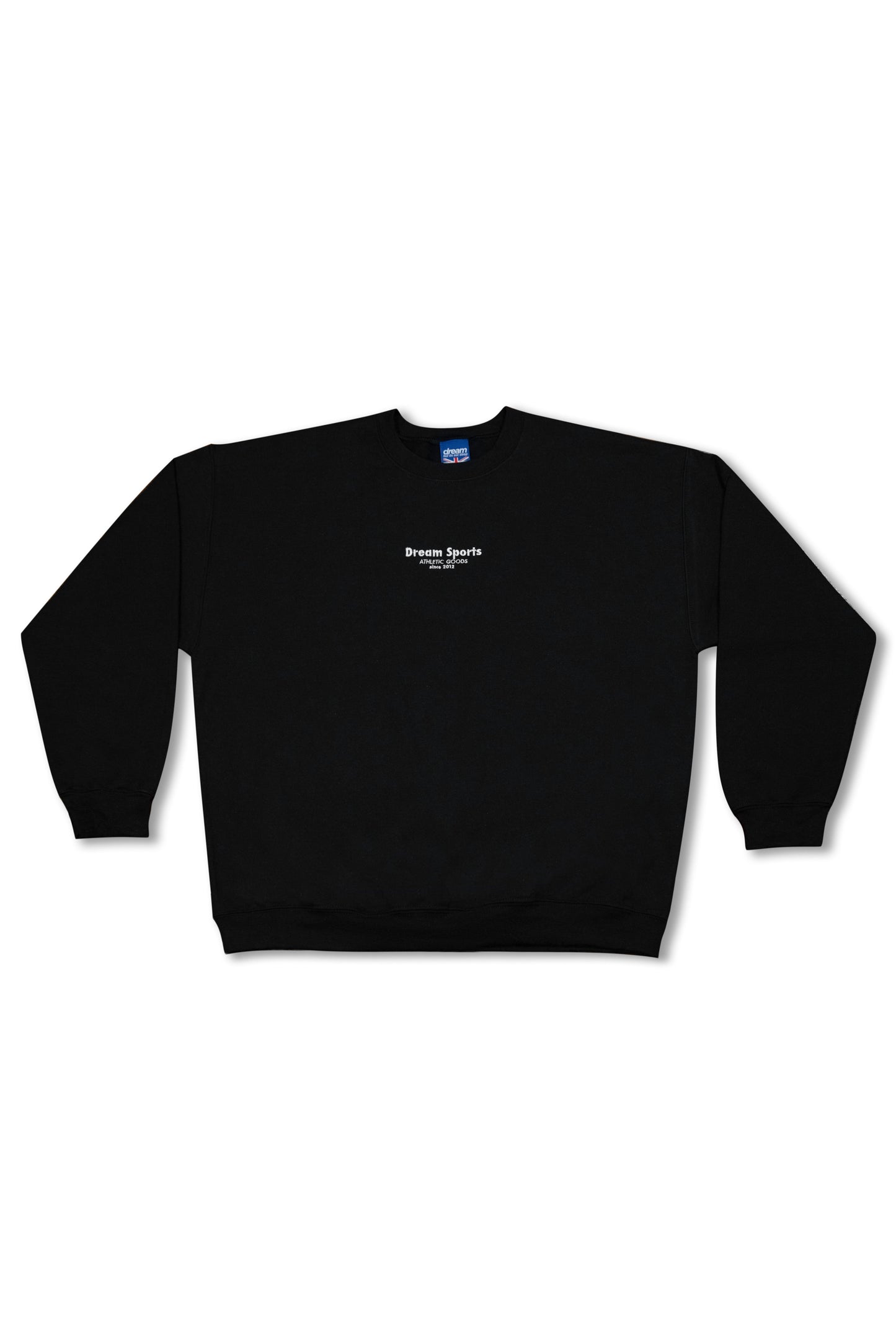 Black sweatshirt with Dream Sports logo embroidery in white, unisex cotton pullover with relaxed fit, ideal for casual outerwear.