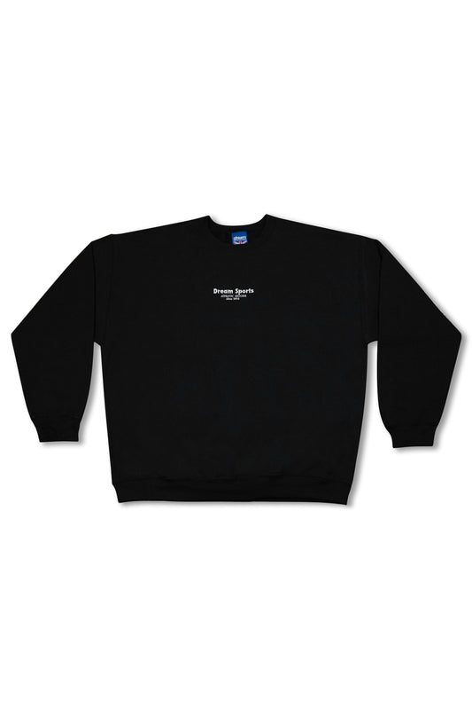 Black sweatshirt with Dream Sports logo embroidery in white, unisex cotton pullover with relaxed fit, ideal for casual outerwear.