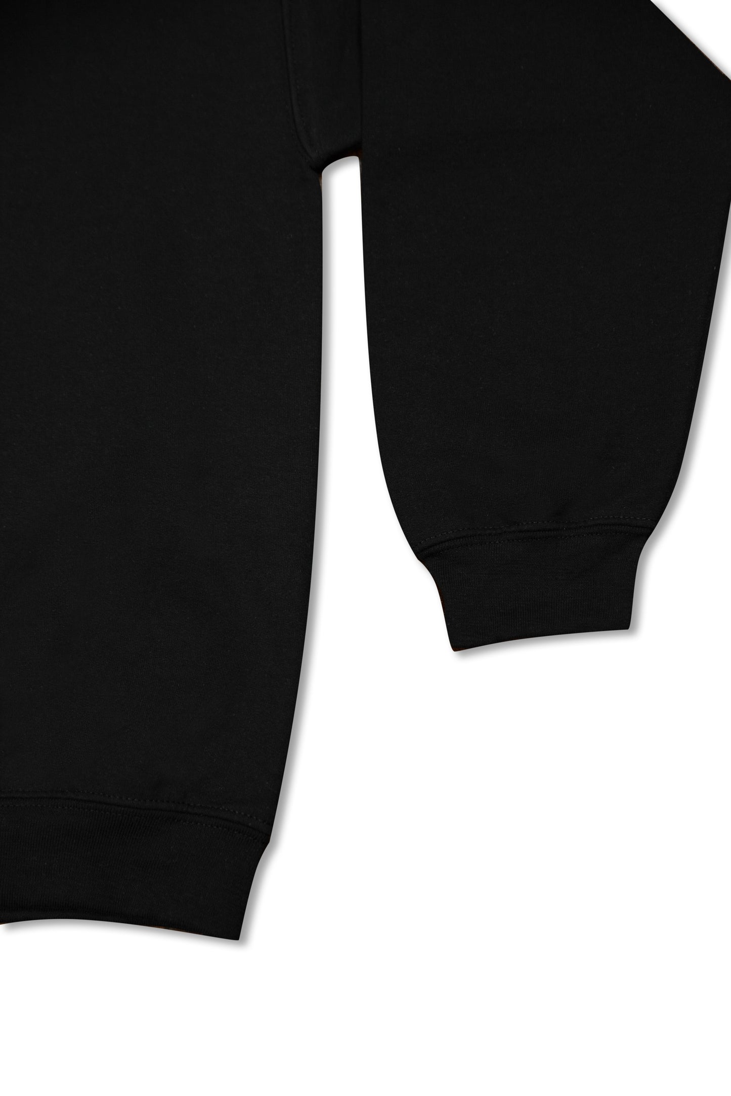 Black sweatshirt sleeve and hem detail, featuring ribbed cuffs and heavyweight cotton material for a comfortable unisex fit.