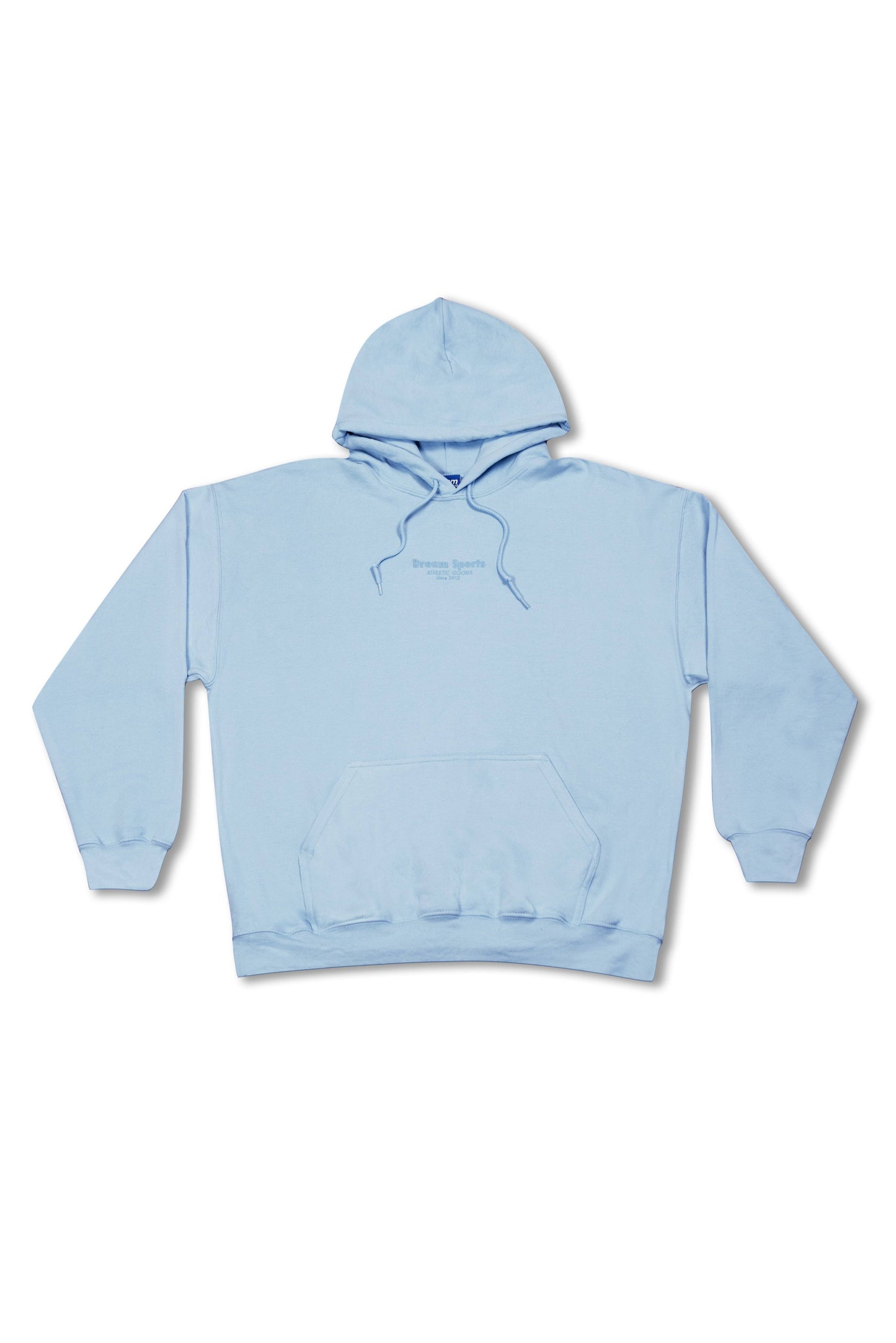 Unisex blue hoodie with tonal Dream Sports logo embroidery, relaxed fit and kangaroo pocket, made from heavyweight cotton for comfort and style.