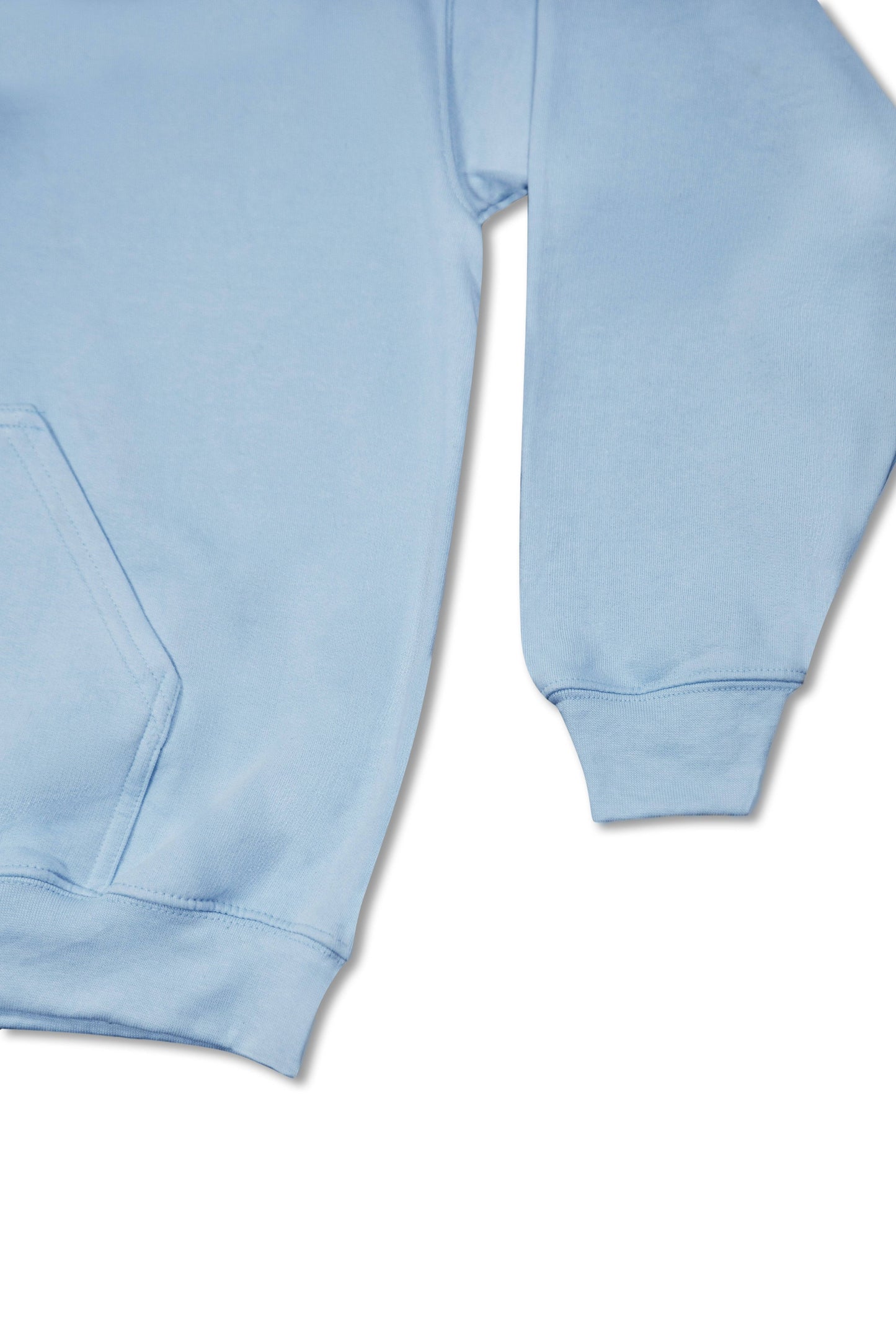 Sleeve and pocket detail of unisex blue hoodie with ribbed cuffs and hem, emphasizing relaxed fit and durable cotton construction.