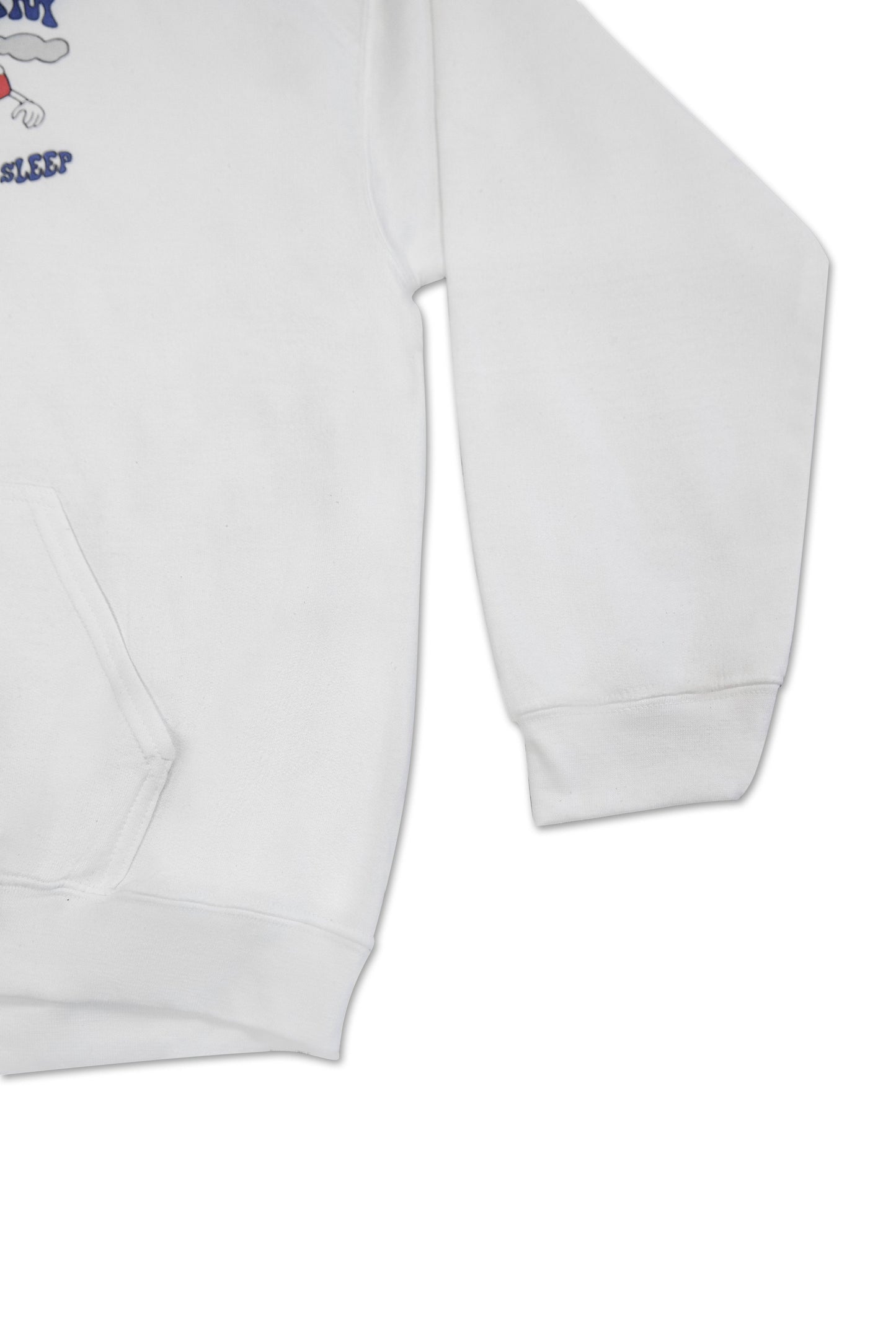 Lower front section of white hoodie showing kangaroo pocket and sleeve cuff. Durable cotton material with clean stitching.