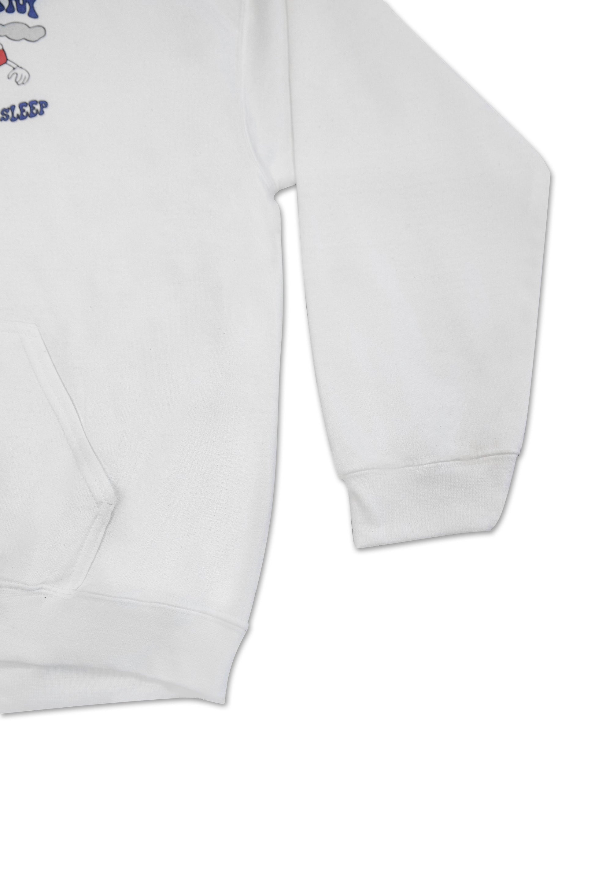 Lower front section of white hoodie showing kangaroo pocket and sleeve cuff. Durable cotton material with clean stitching.
