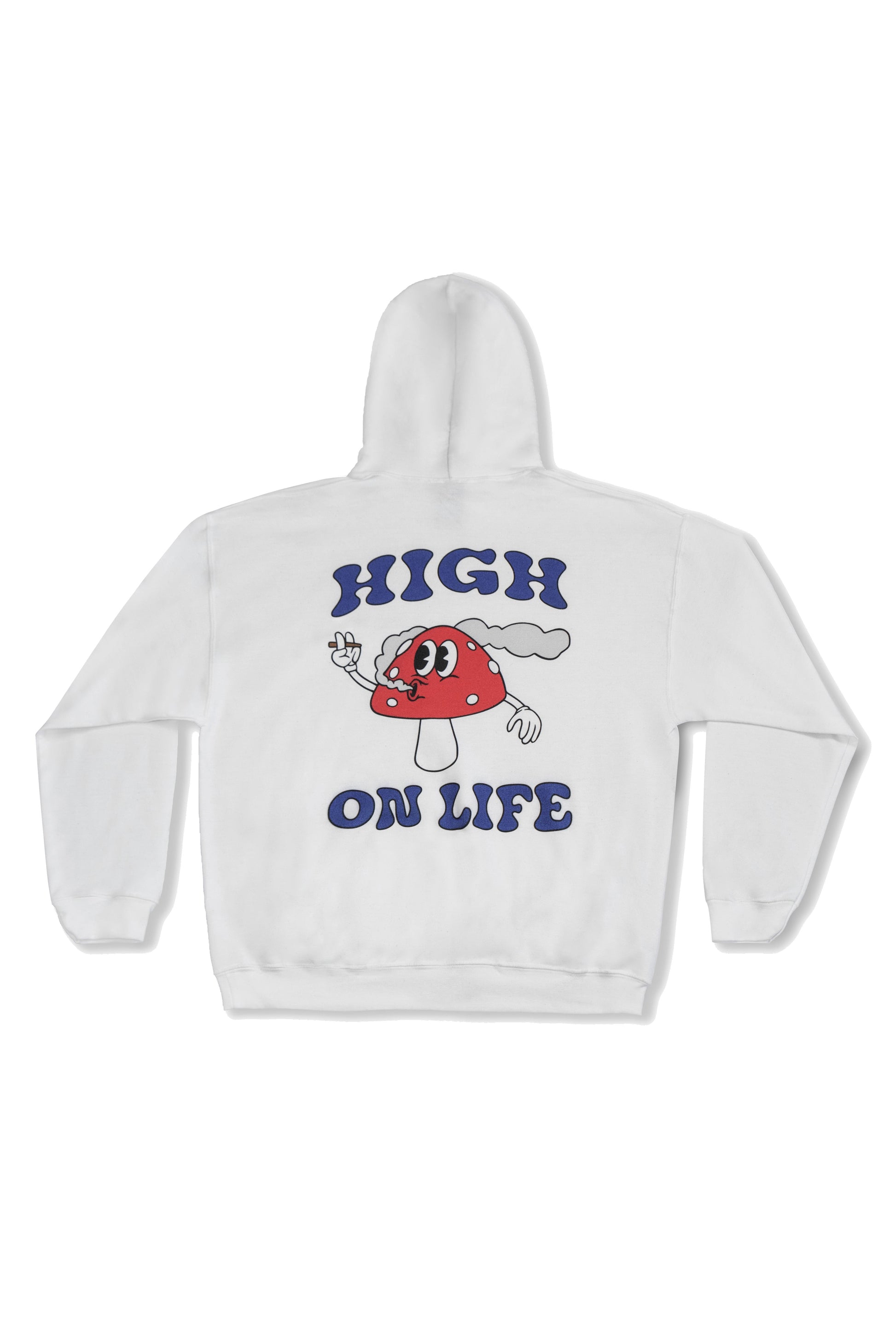 Unisex white hoodie with large red mushroom cartoon and 'High On Life' text on back. Relaxed fit cotton streetwear hoodie for all-season wear.