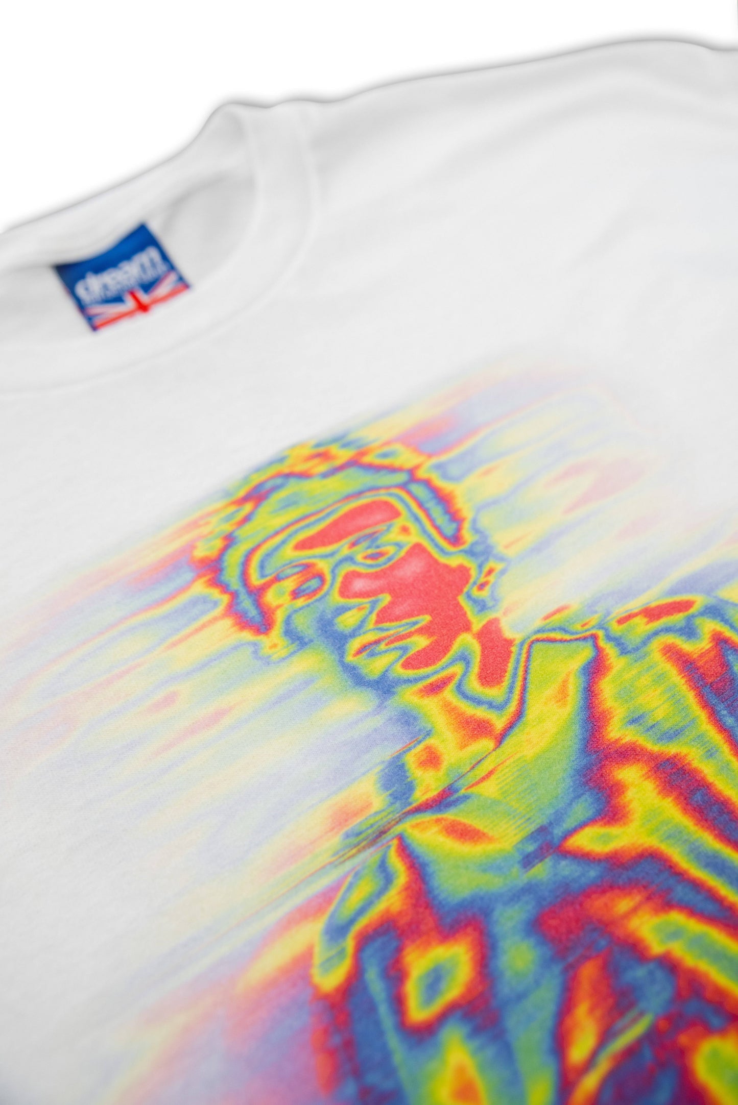 Close-up of thermal-style graphic on white short sleeved T-shirt showing vivid DTG print detail on soft cotton fabric. Unisex fit from DBDNS Shop.