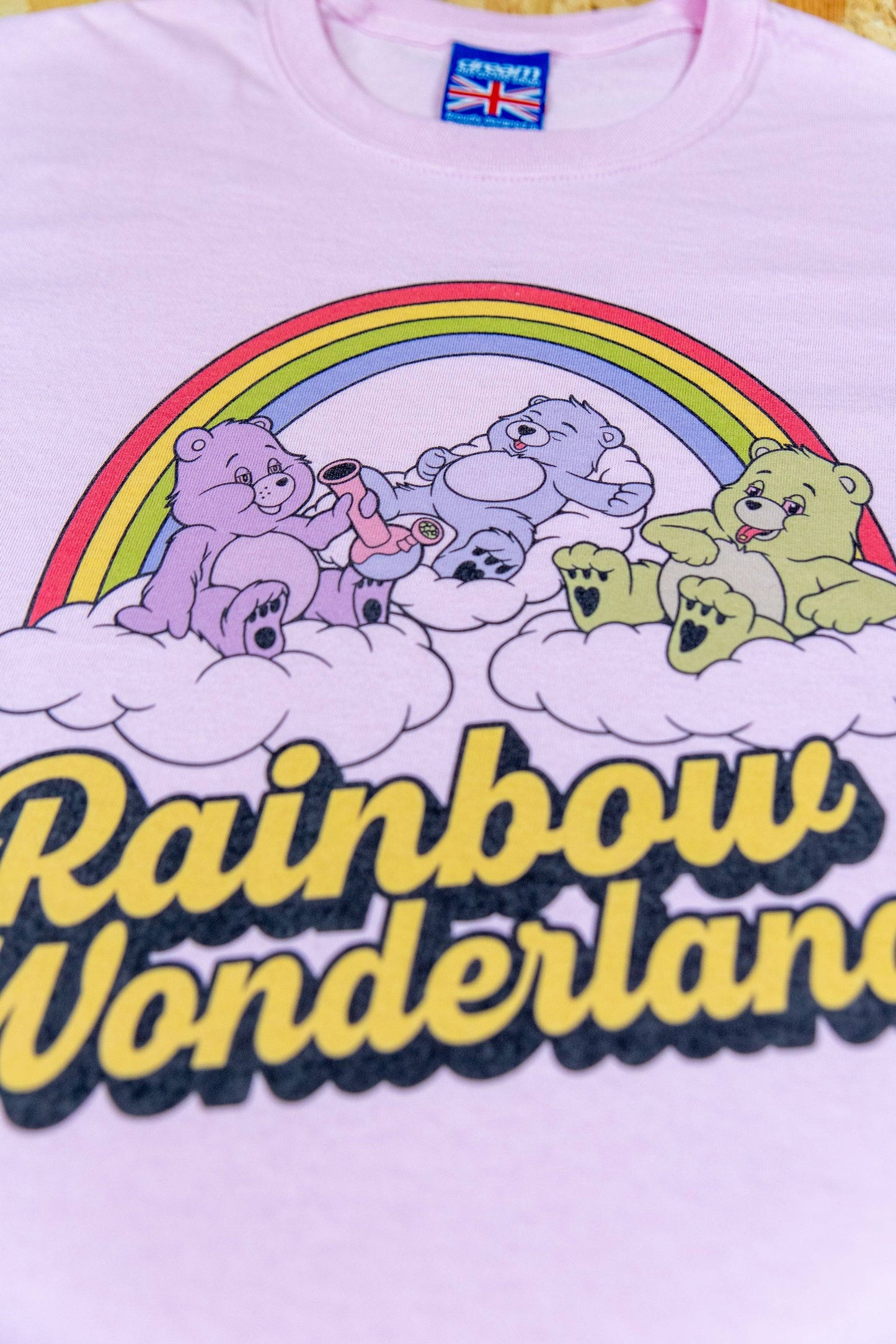 Detailed view of high-quality rainbow print on light pink t-shirt with playful cartoon bears and bold 'Rainbow Wonderland' text.
