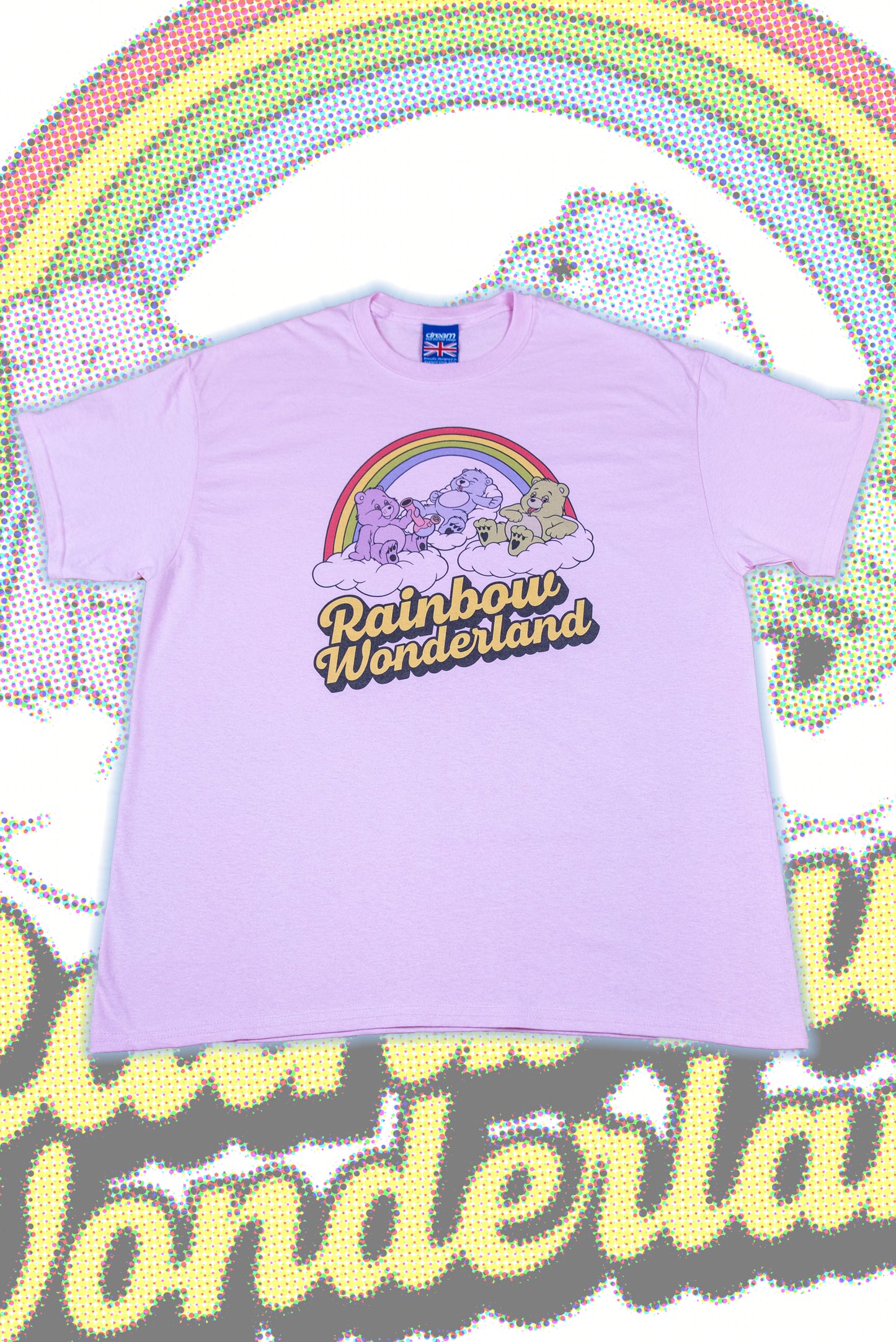 Light pink rainbow t-shirt with 'Rainbow Wonderland' print featuring cartoon bears under a rainbow. Soft cotton tee in relaxed unisex fit.