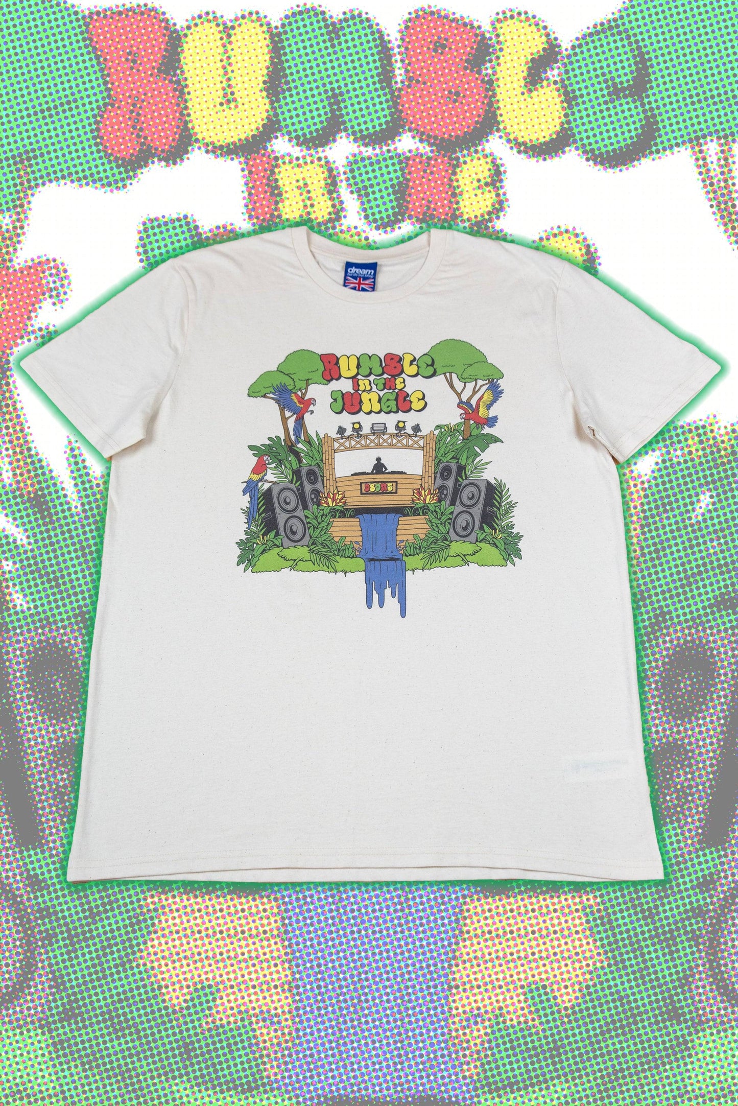 Jungle Print Cotton T-Shirt - Relaxed Fit | Unisex, Soft Feel featuring vibrant DJ stage and tropical design on natural cotton fabric.