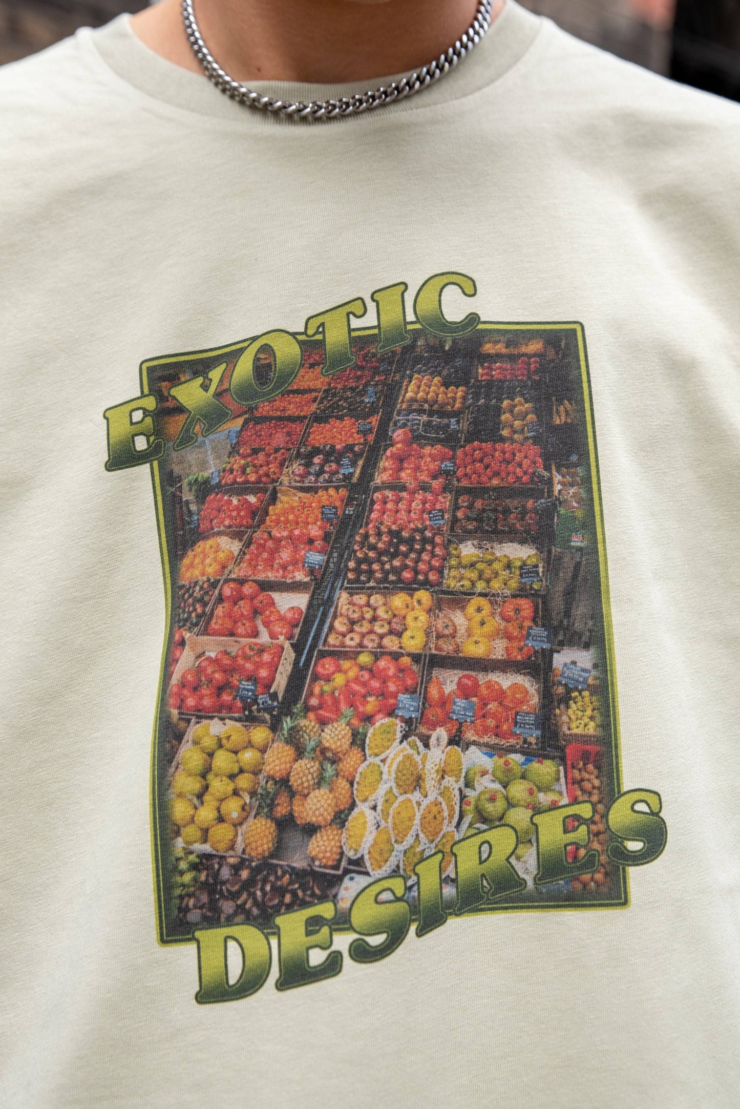 Short Sleeved T-shirt in Sage Green With Exotic Desires Print