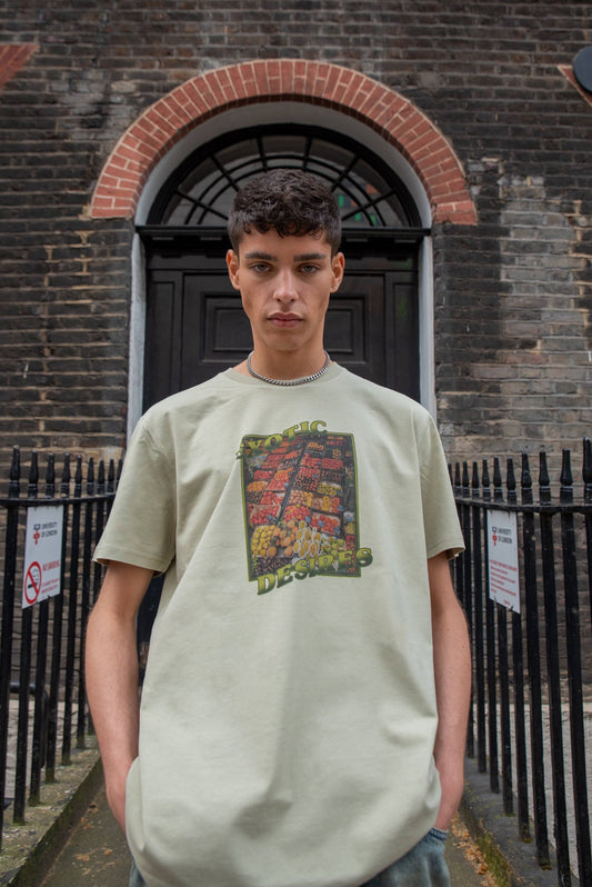 Short Sleeved T-shirt in Sage Green With Exotic Desires Print