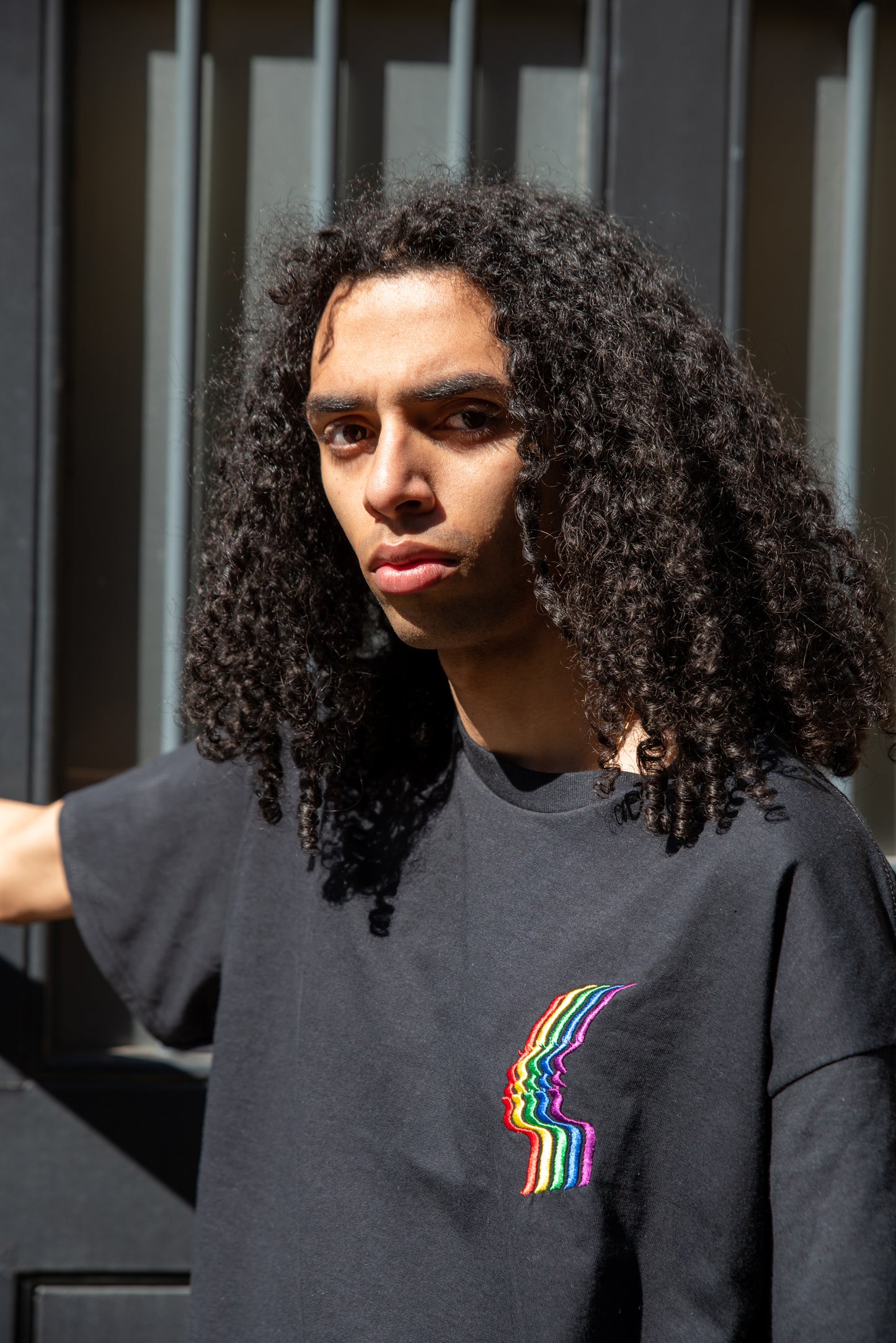 Short Sleeved T-shirt in Black with Futuristic Rainbow Embroidery