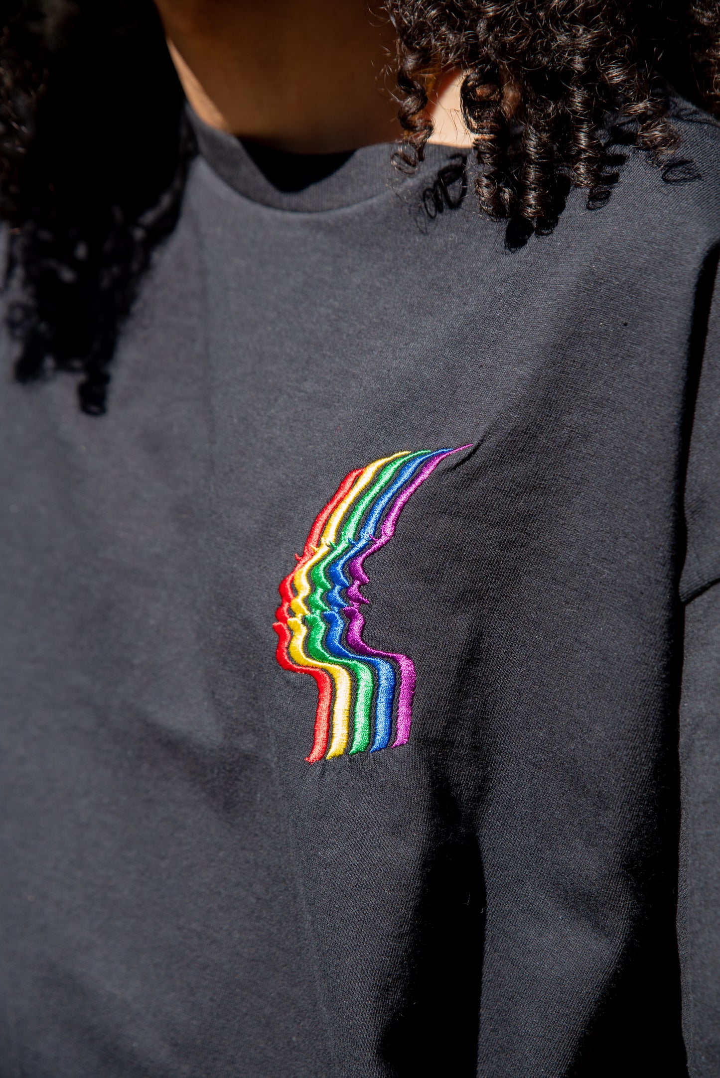 Short Sleeved T-shirt in Black with Futuristic Rainbow Embroidery