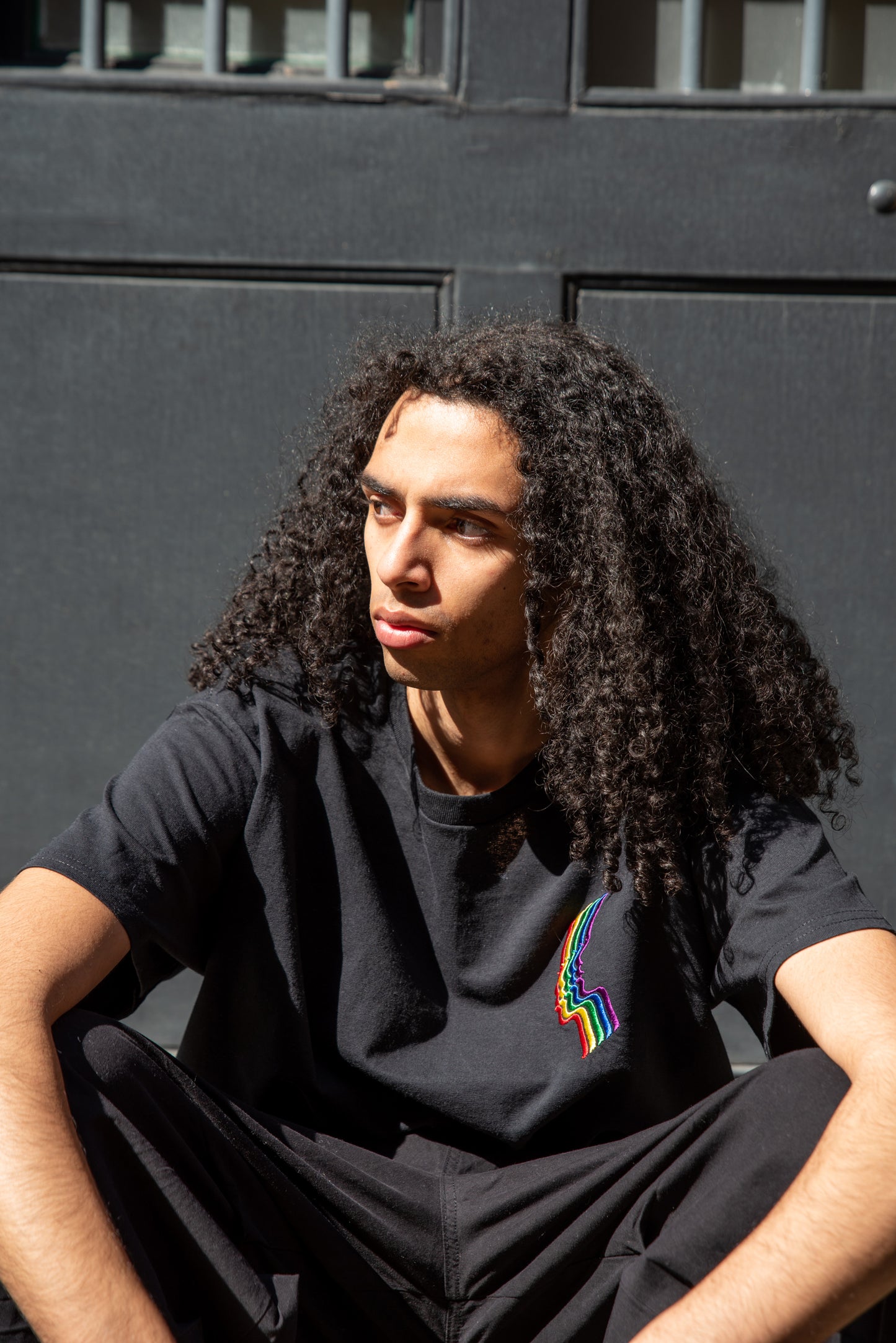 Short Sleeved T-shirt in Black with Futuristic Rainbow Embroidery