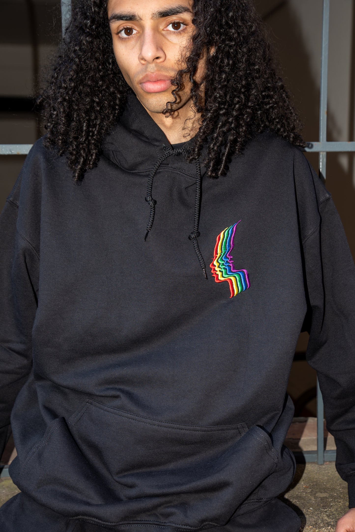 Hoodie in Black with Rainbow Futuristic Embroidery