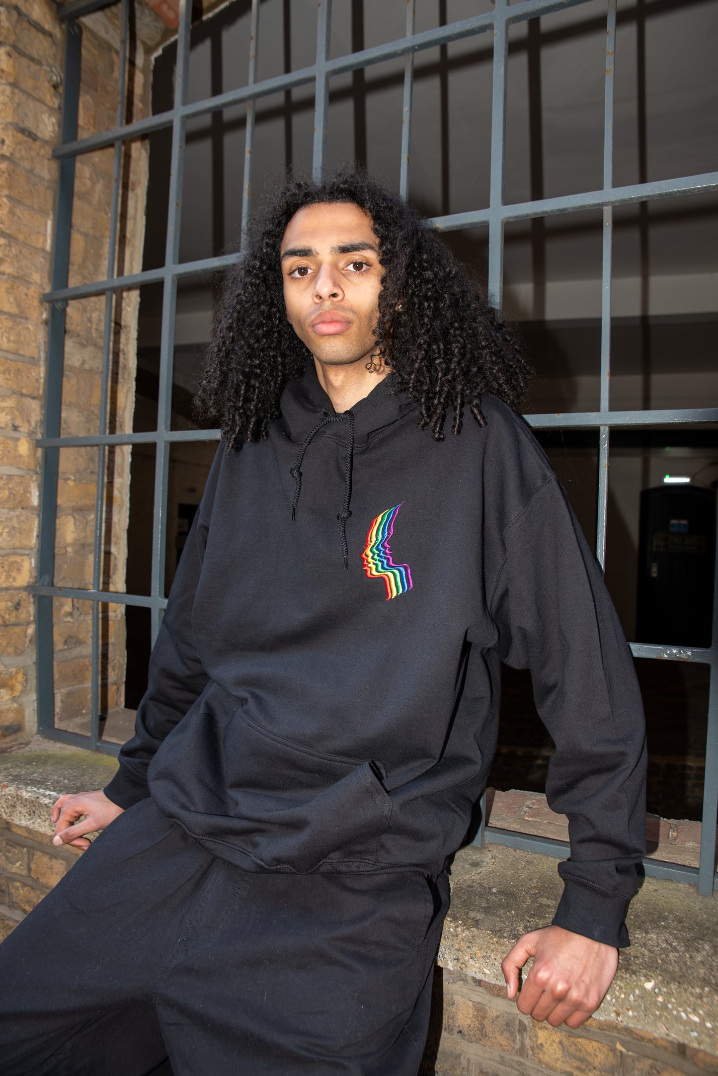 Hoodie in Black with Rainbow Futuristic Embroidery