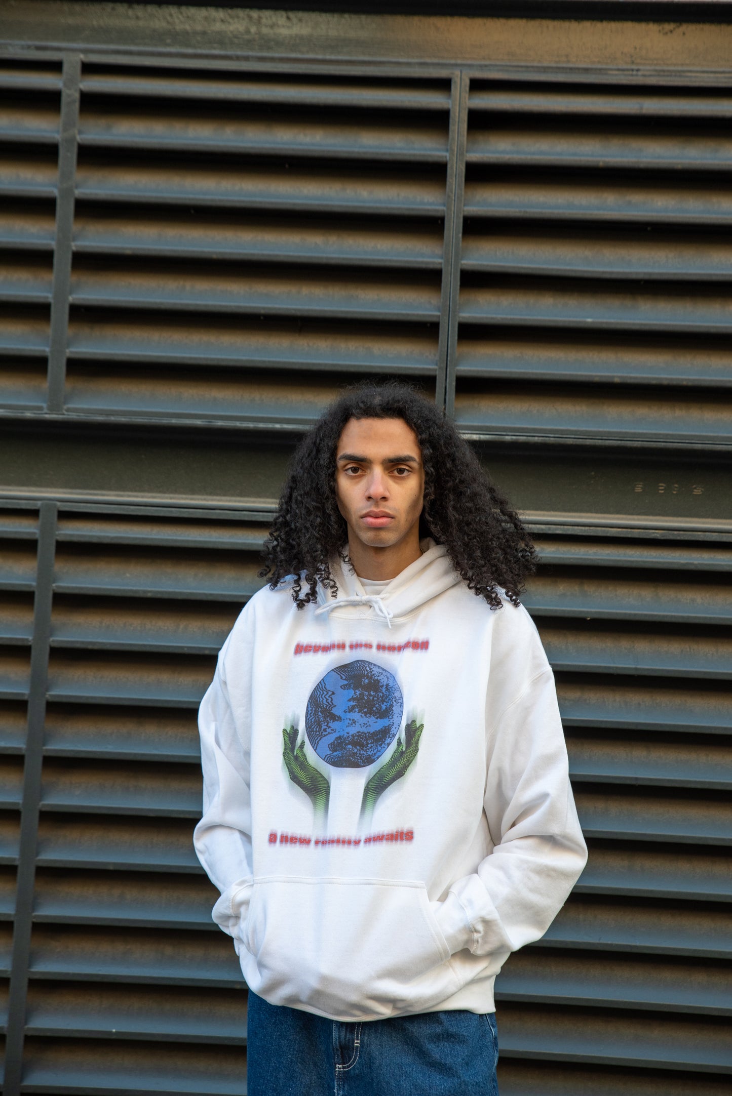 Hoodie in White with Beyond The Horizon Print