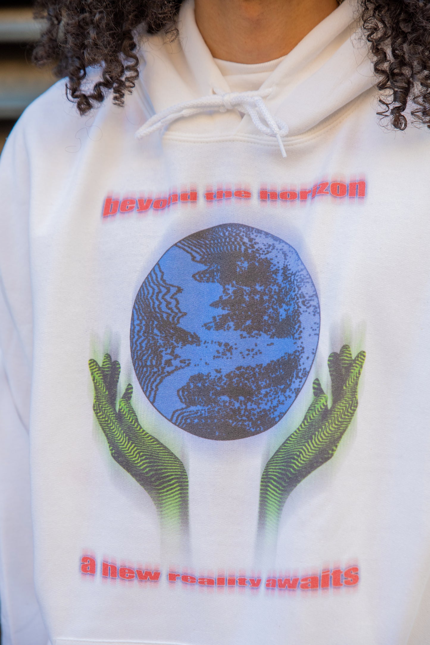 Hoodie in White with Beyond The Horizon Print