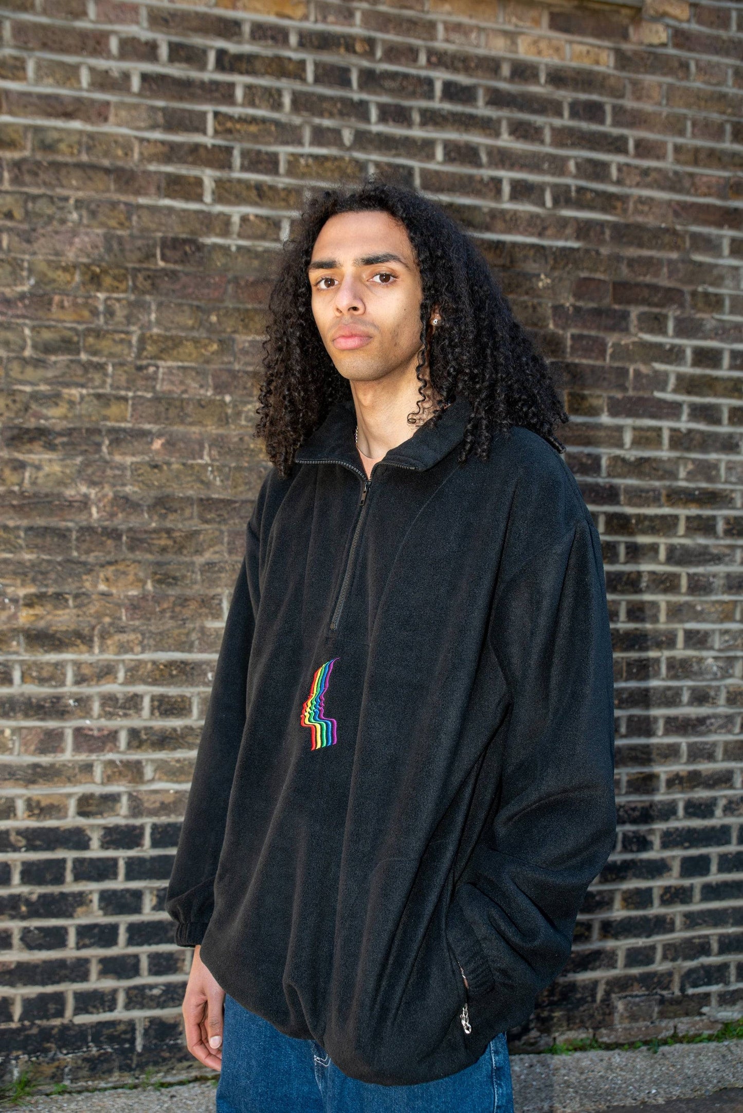 1/4 Zip Black Fleece with Rainbow Futuristic Embroidery