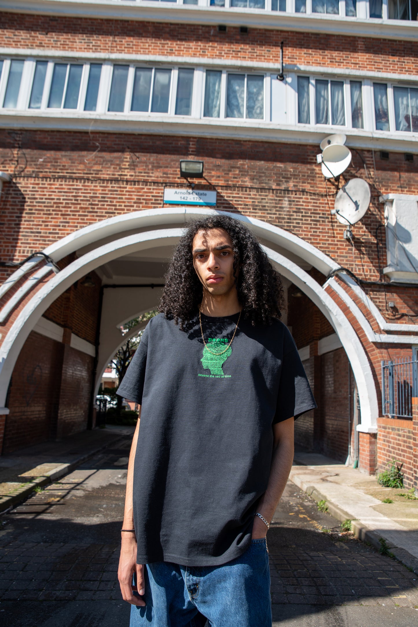 Short Sleeved T-shirt in Black with Beyond The Veil Of Time Embroidery