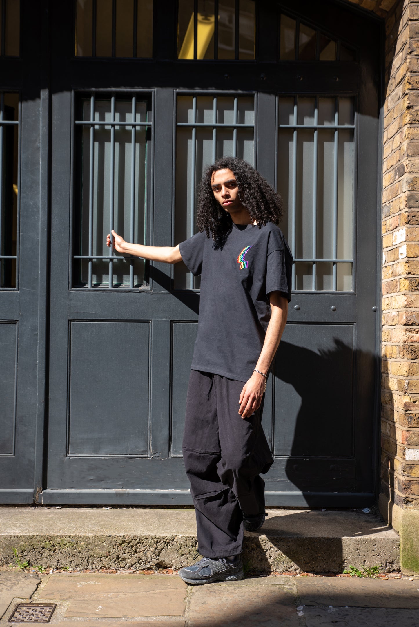 Short Sleeved T-shirt in Black with Futuristic Rainbow Embroidery