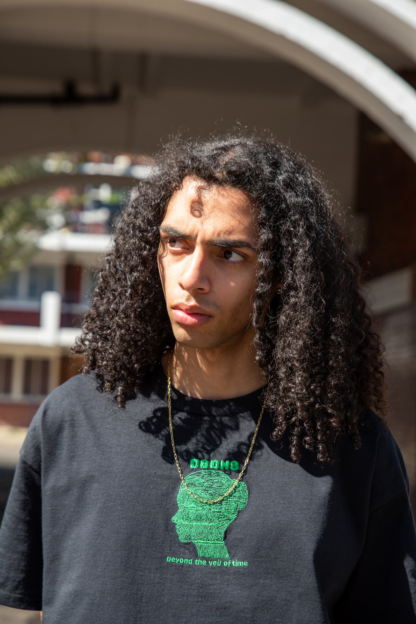 Short Sleeved T-shirt in Black with Beyond The Veil Of Time Embroidery