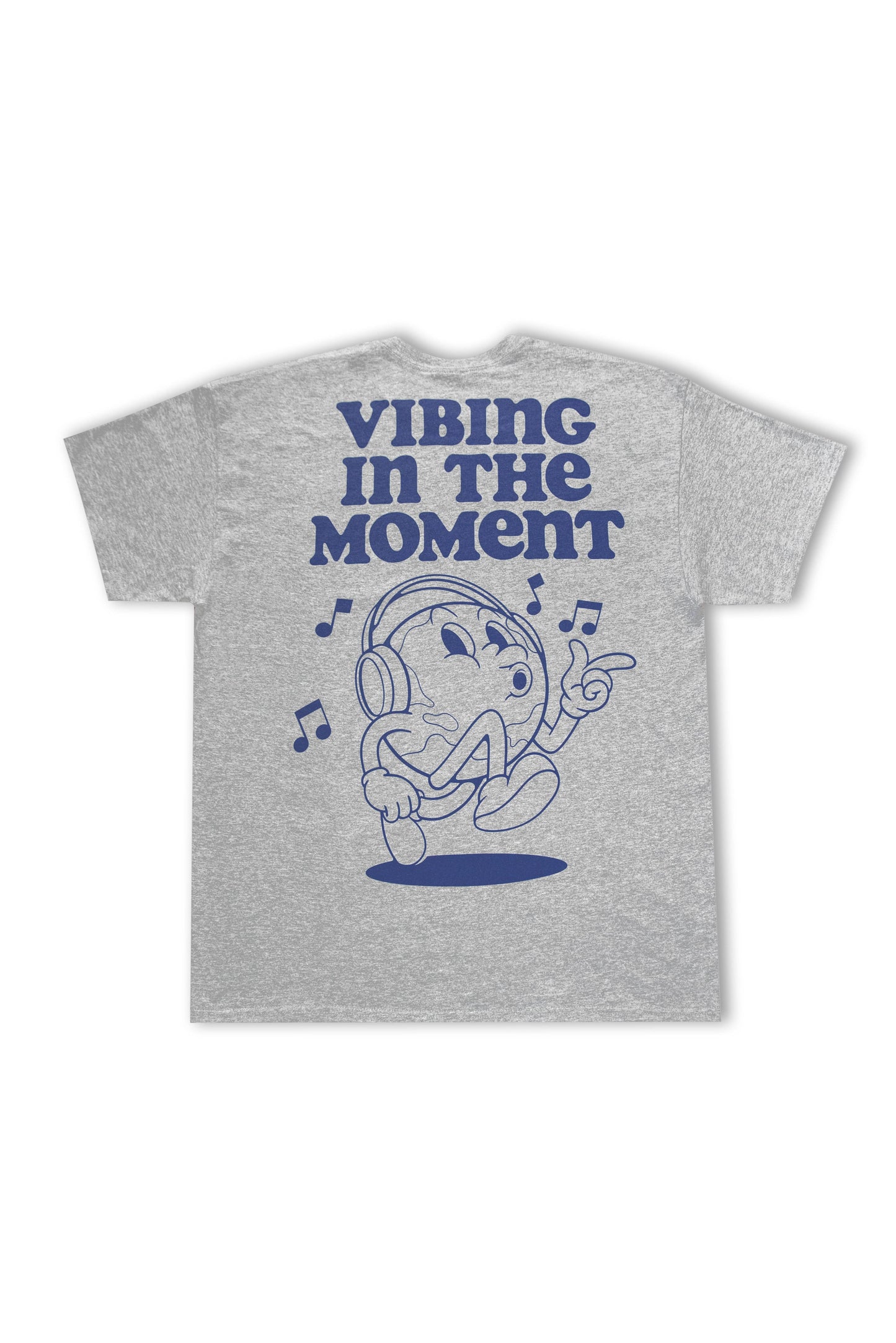 Short Sleeve Grey T-Shirt with bold blue 'Vibing in the Moment' print and cartoon character wearing headphones on back. 100% cotton casual wear.