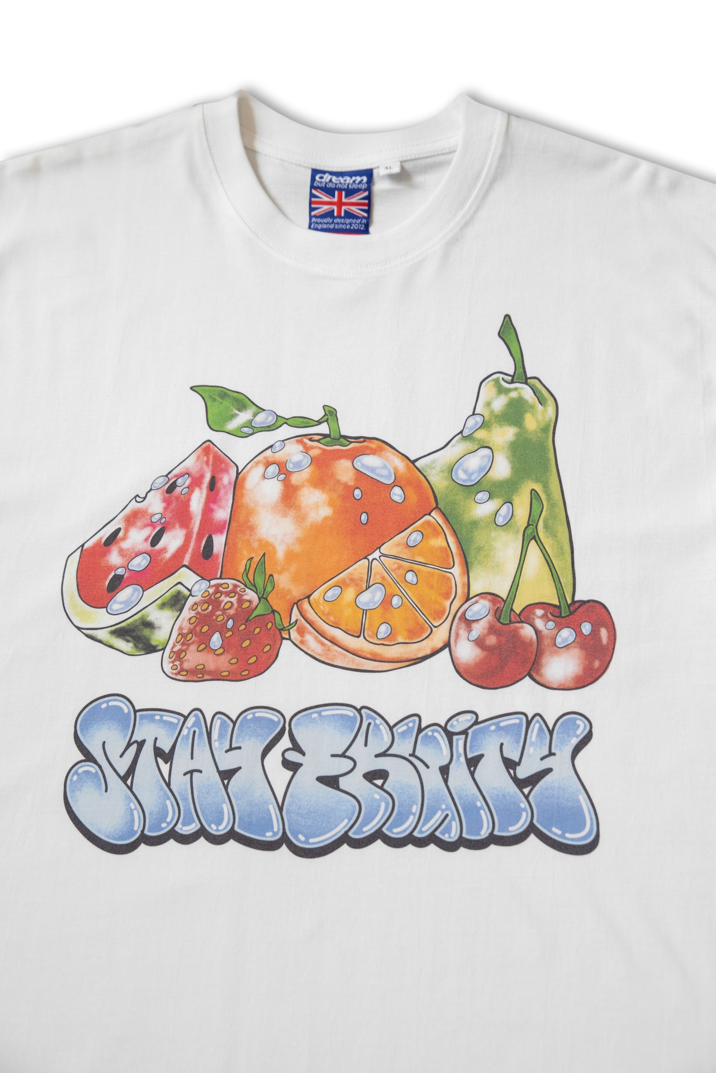 Premium Short Sleeved T-Shirt in White with Stay Fruity Print