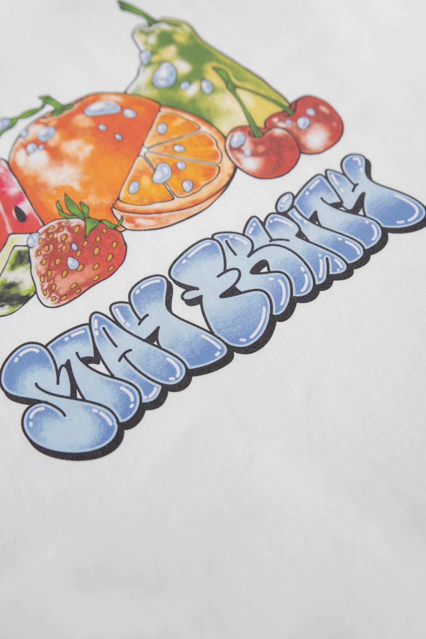 Premium Short Sleeved T-Shirt in White with Stay Fruity Print