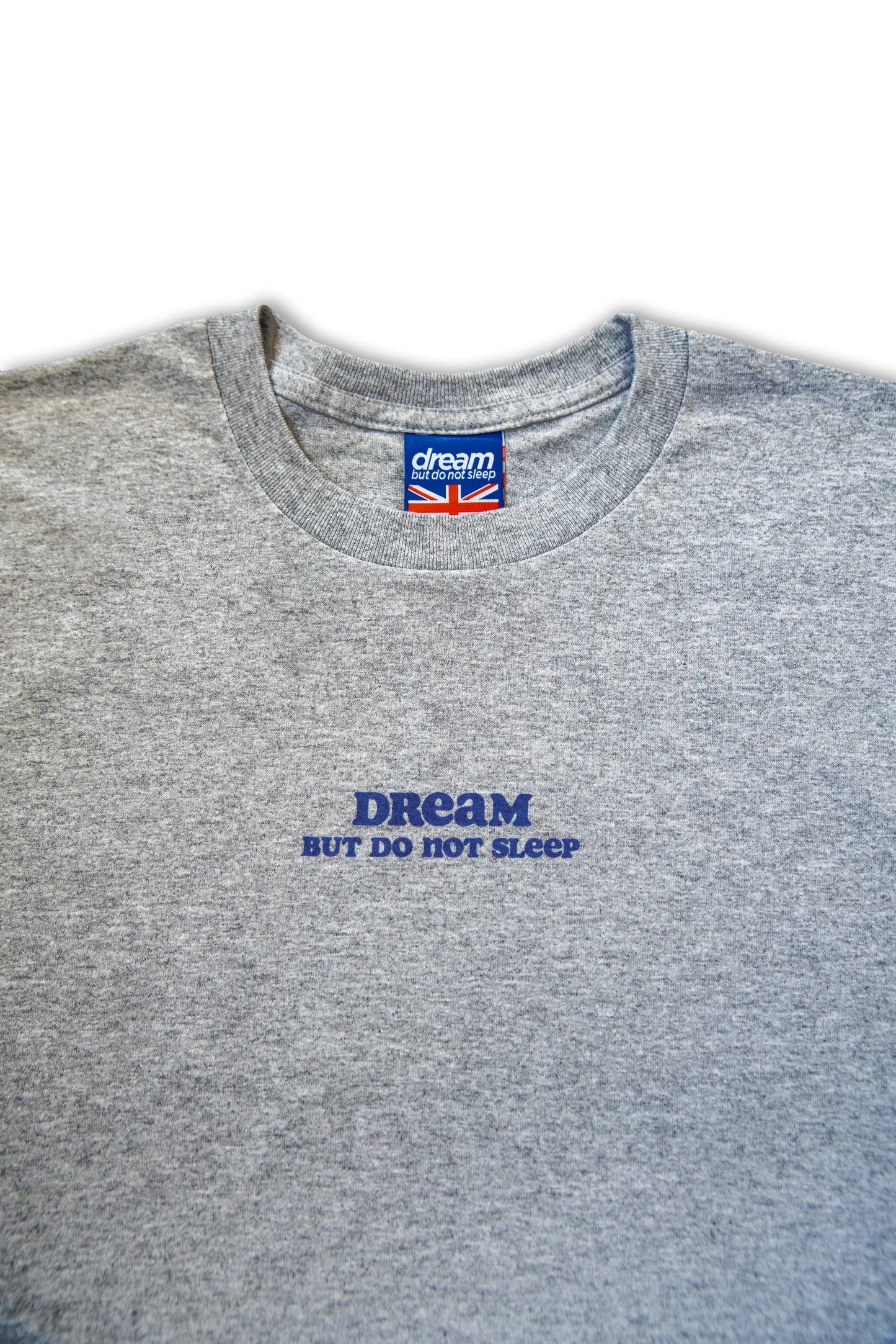 Zoomed-in detail of chest print on grey t-shirt showing 'Dream But Do Not Sleep' in blue text. Soft 100% cotton with ribbed collar.