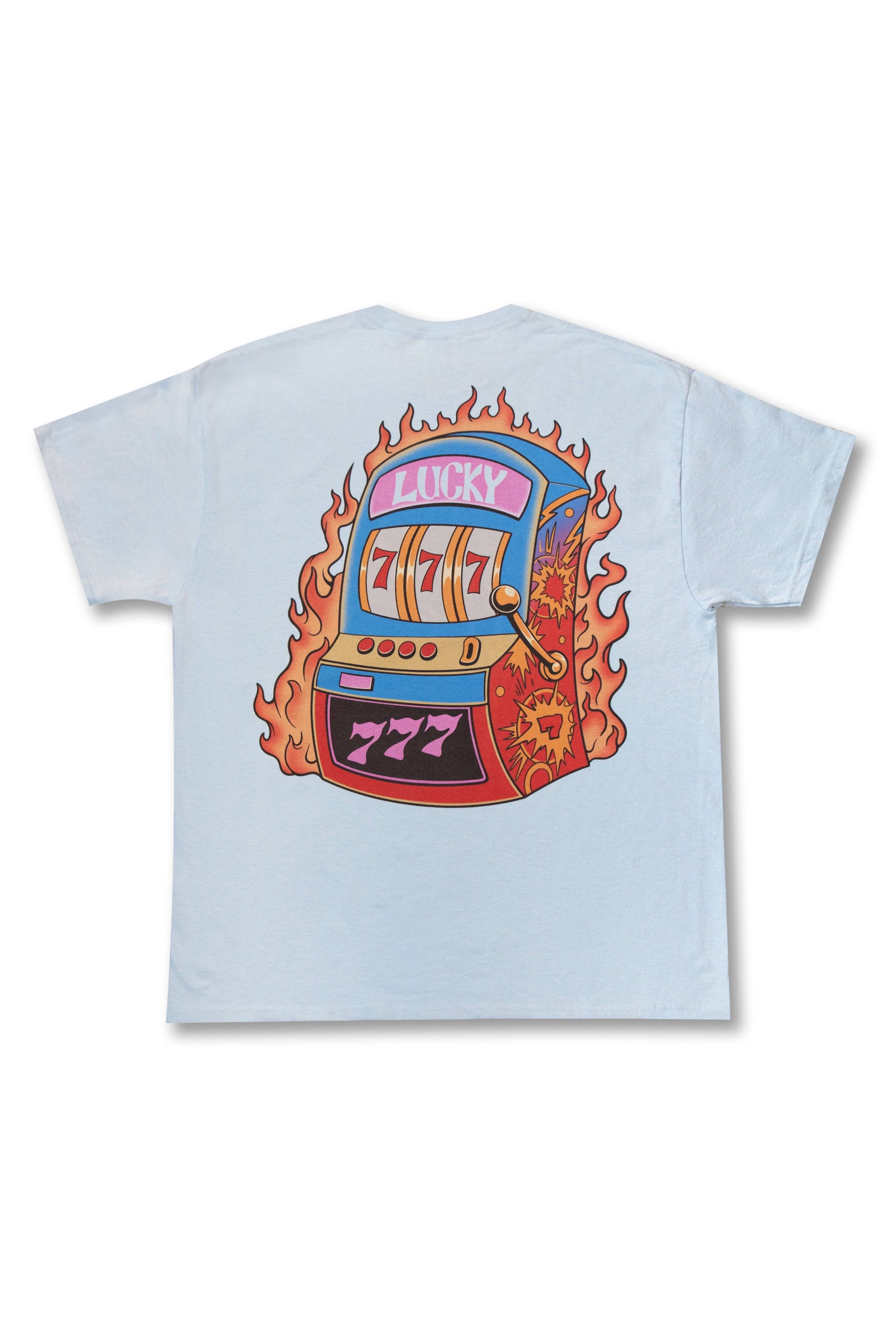 Short sleeved t-shirt blue with Lucky No 7 slot machine print on back, featuring flames and vibrant colors. Relaxed fit, 100% cotton.