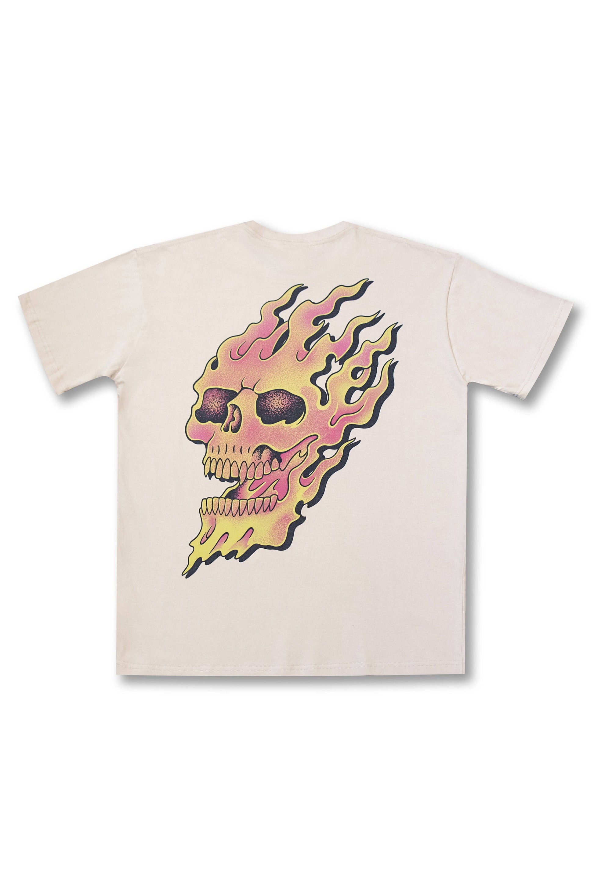 Short sleeved t-shirt in sand with large flaming skull print on the back, ideal for bold streetwear style in the apparel & accessories category.