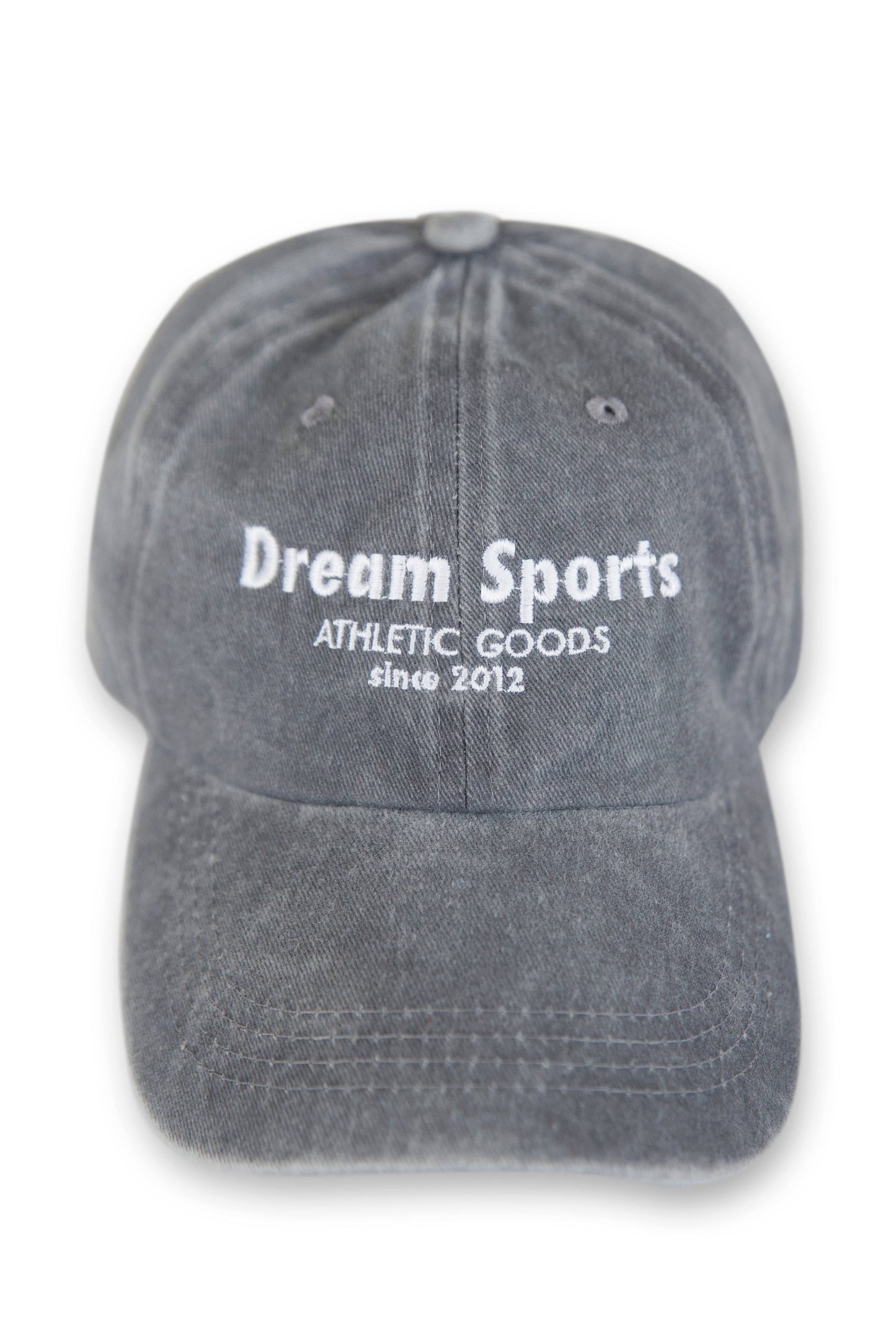 Front view of vintage grey adjustable cotton cap with Dream Sports logo, ideal for athletic and everyday apparel.
