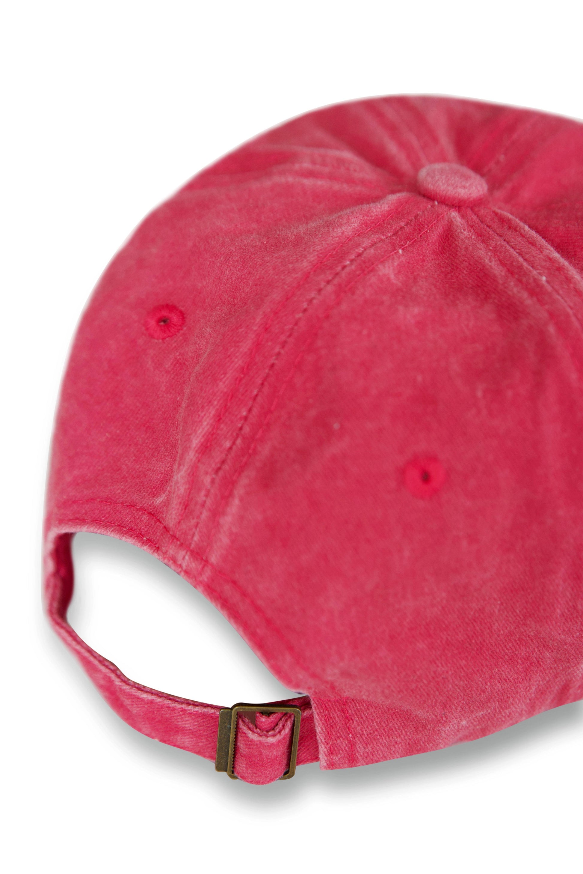 Back view of vintage pink sports cap with adjustable strap and metal buckle for a customizable fit in athletic accessories.