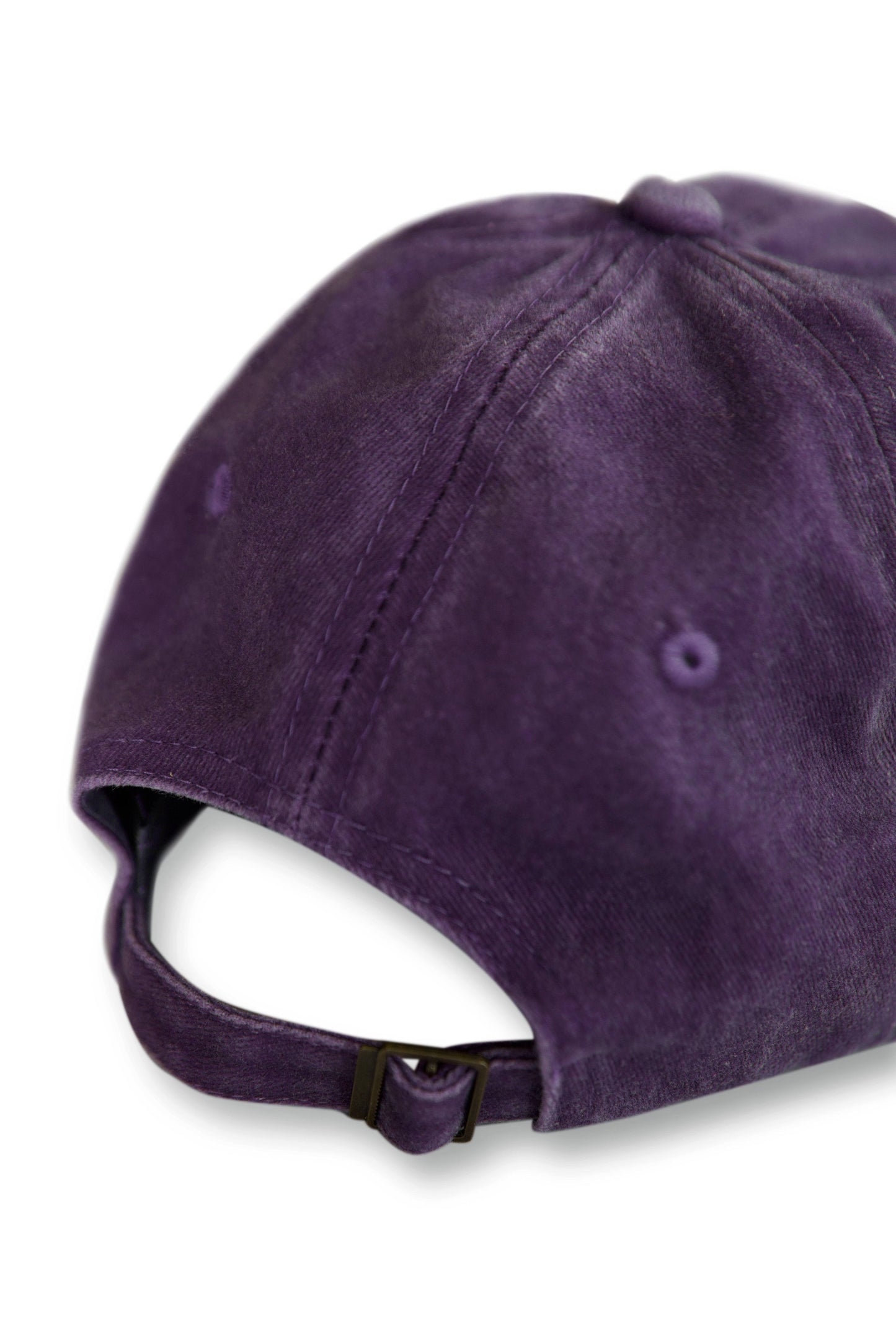 Back view of vintage purple sports cap showing adjustable strap with metal buckle. One size fits most for a customizable fit.