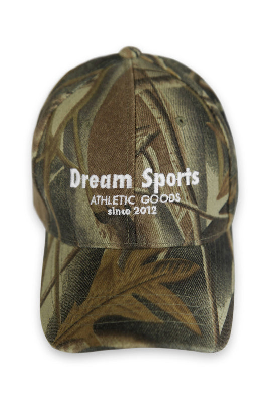 Front view of Real Tree Camo Cap showcasing Dream Sports logo and structured crown, ideal for athletic and casual wear.