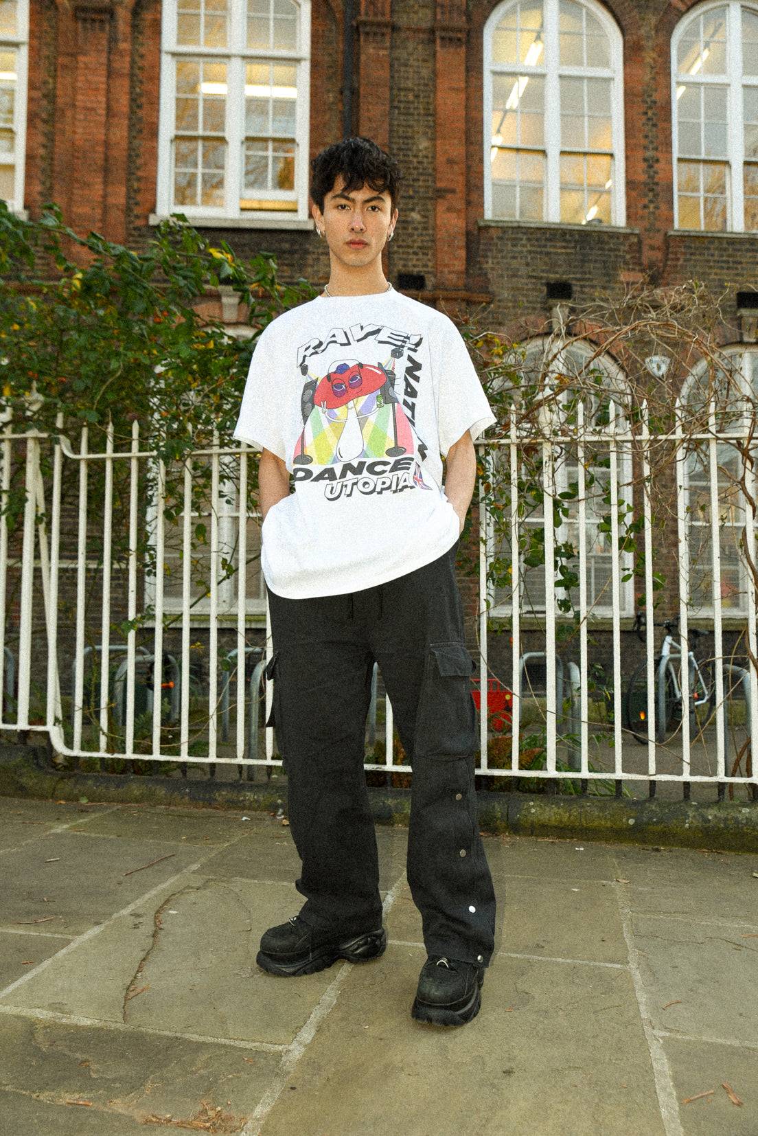 Short Sleeved T-shirt in White with Mushroom Rave Nation Print