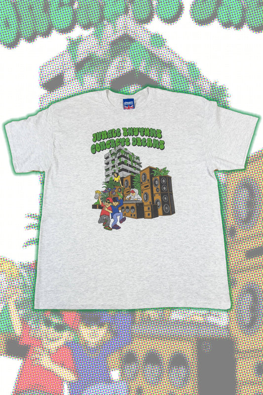 Ash Grey T-Shirt - Jungle Rhythms Print | Soft Cotton, Unisex featuring colorful cartoon-style sound system and dancers on front.