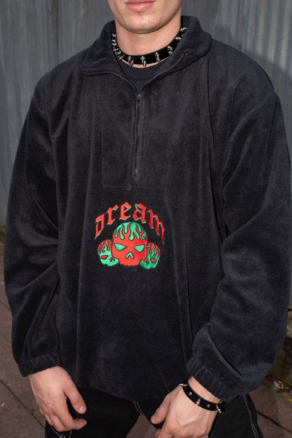 Fleece in Black with Flaming Skull Embroidery