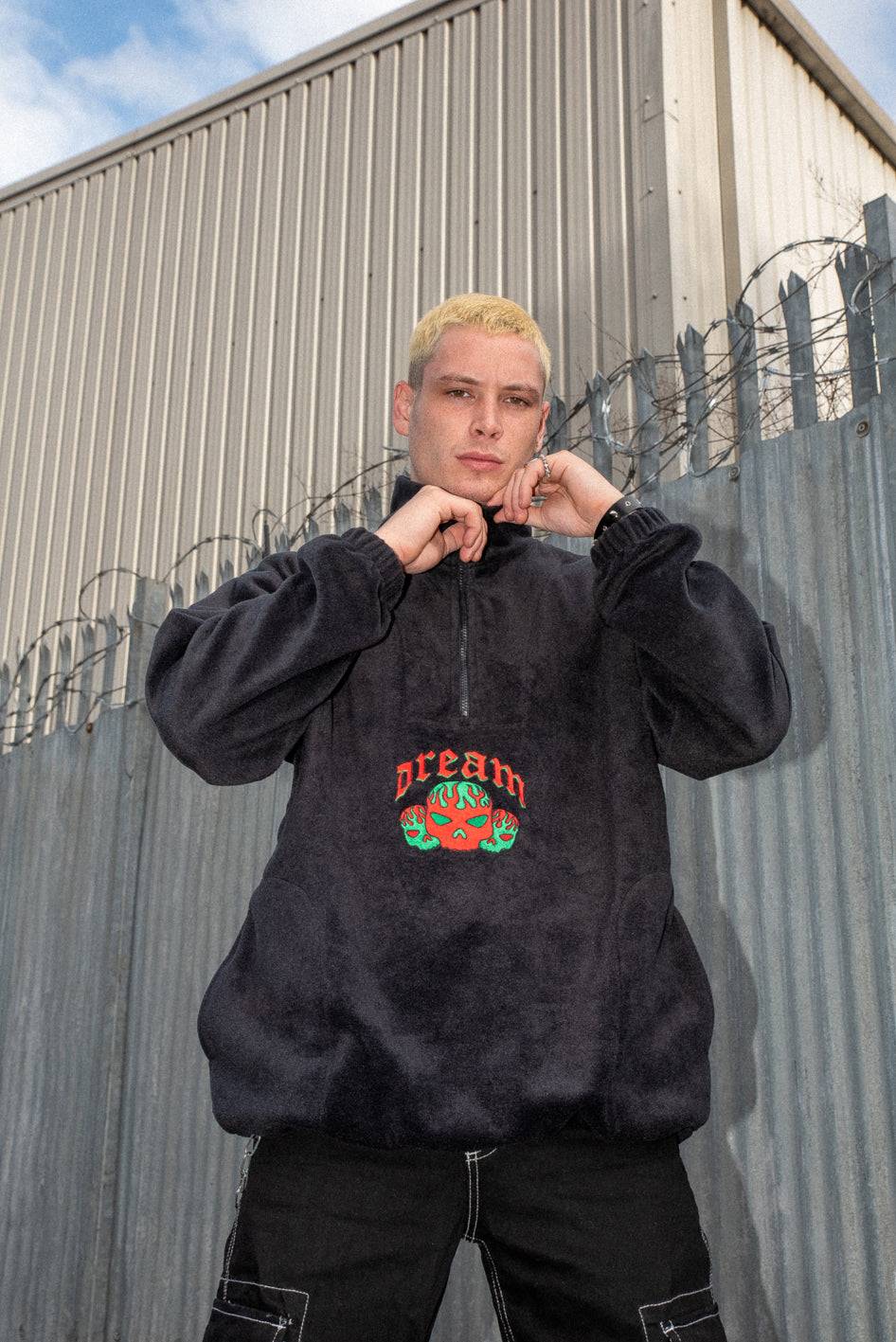 Fleece in Black with Flaming Skull Embroidery