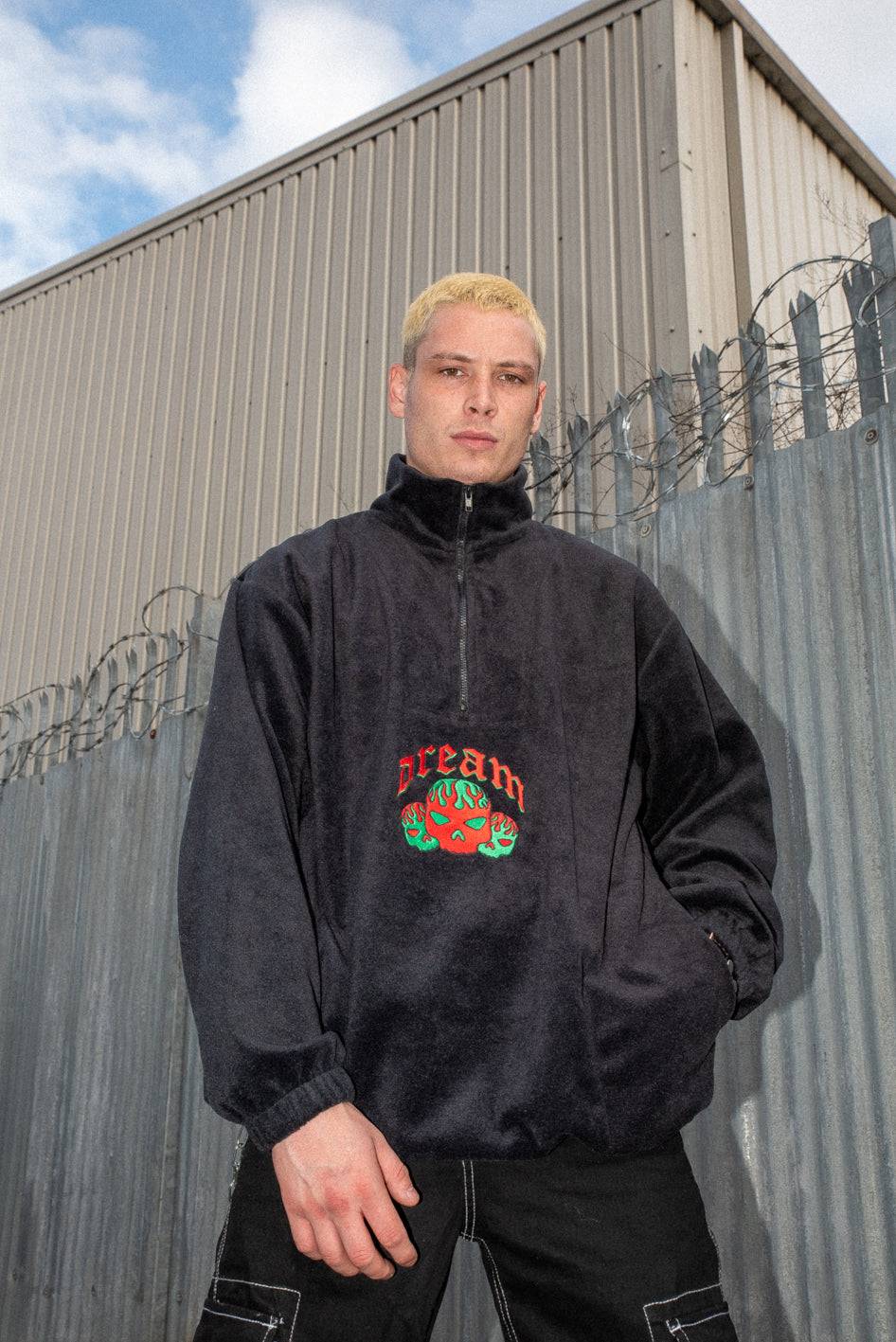 Fleece in Black with Flaming Skull Embroidery