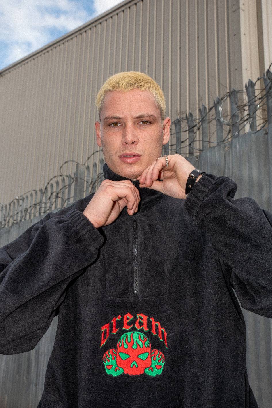 Fleece in Black with Flaming Skull Embroidery