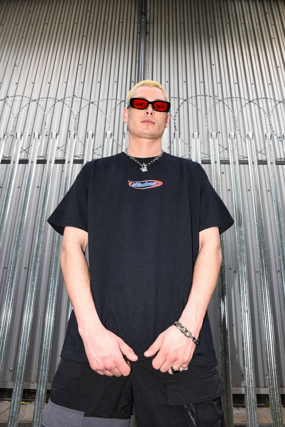 Short Sleeved Cotton T-shirt in Black Futuristic Oval Logo