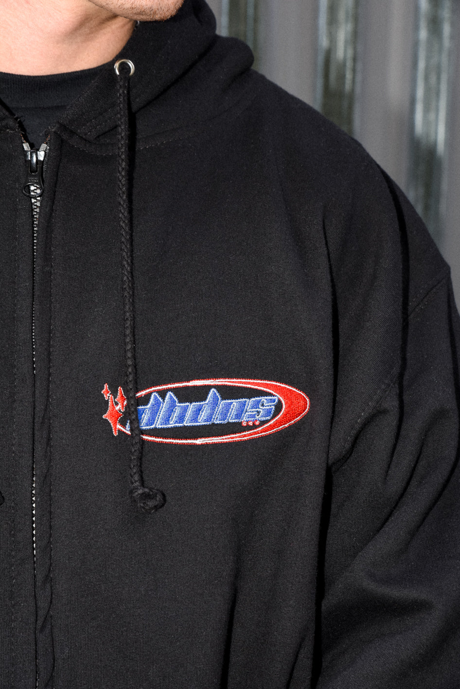 Zip Hoodie in Black Futuristic Logo Embroidery