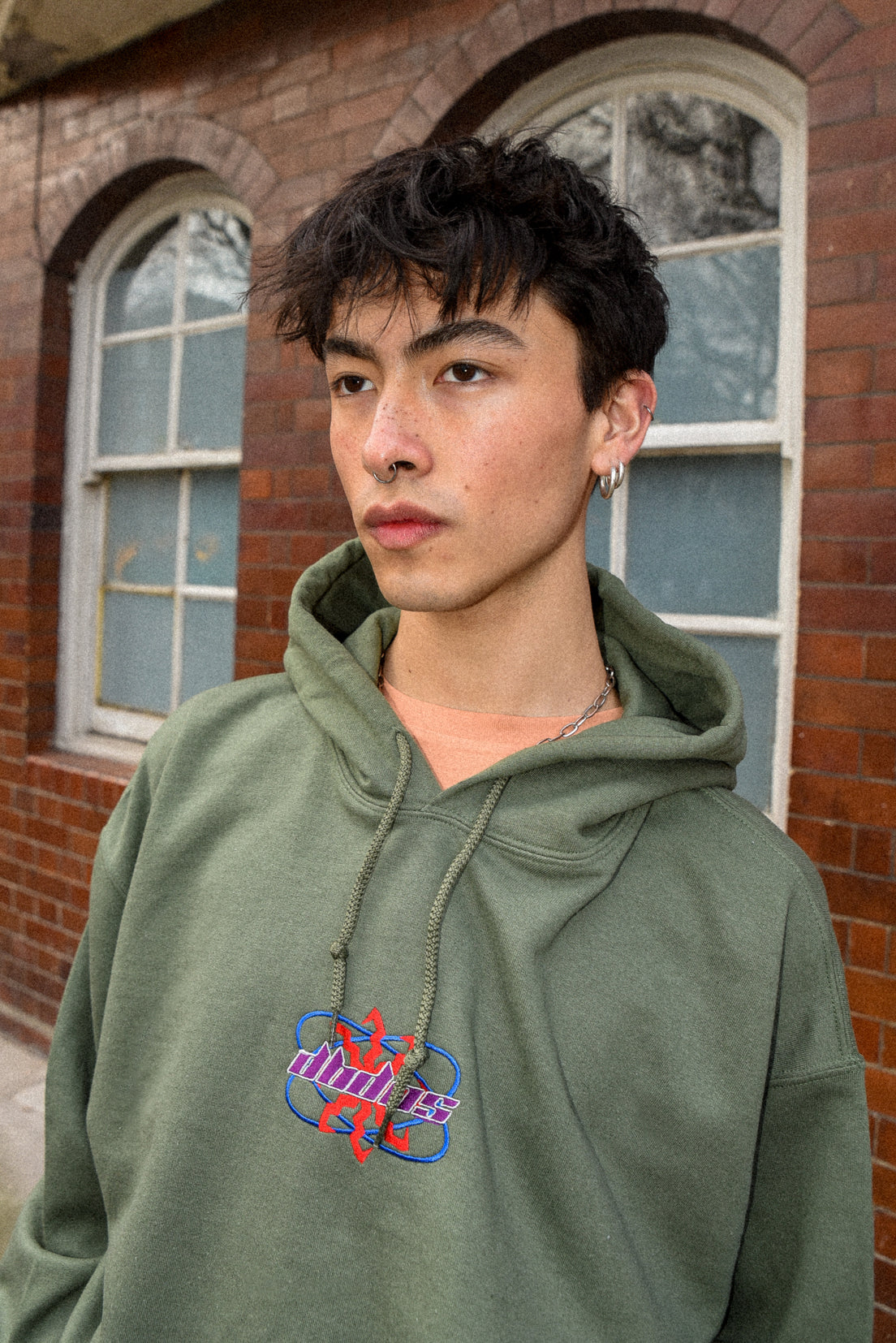 Hoodie in Military Green with Futuristic Logo Embroidery